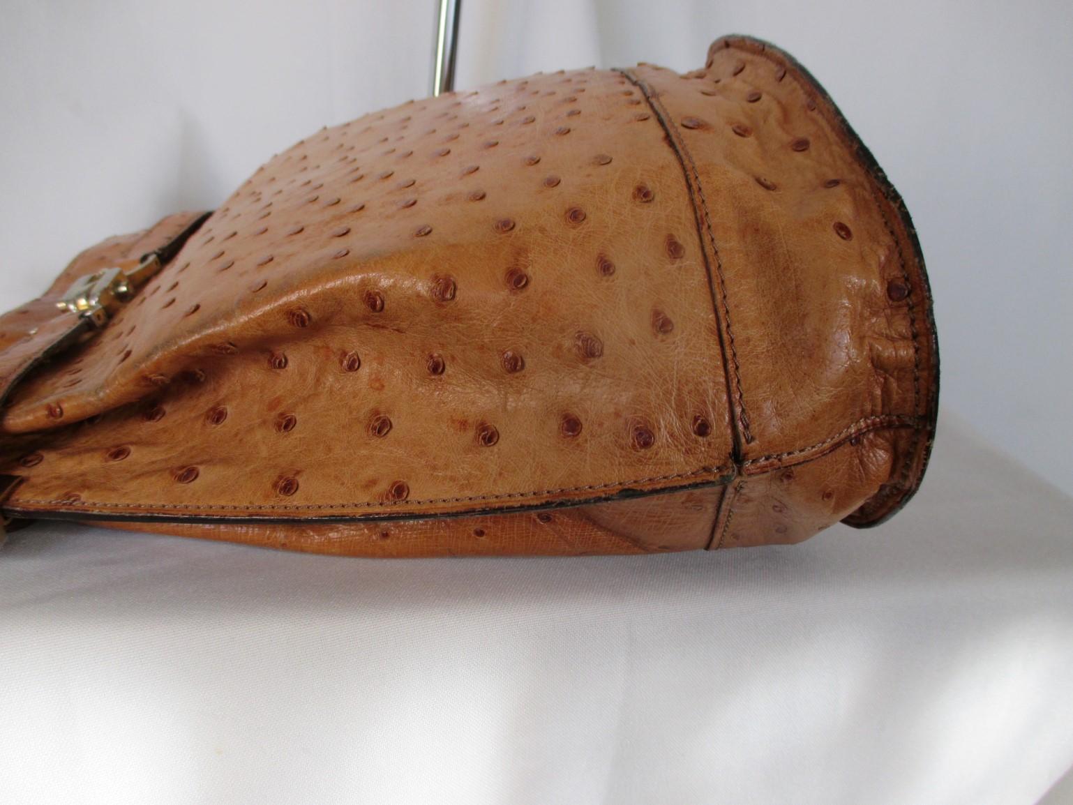 Brown Vintage Leather Ostrich Cognac Shoulder Bag