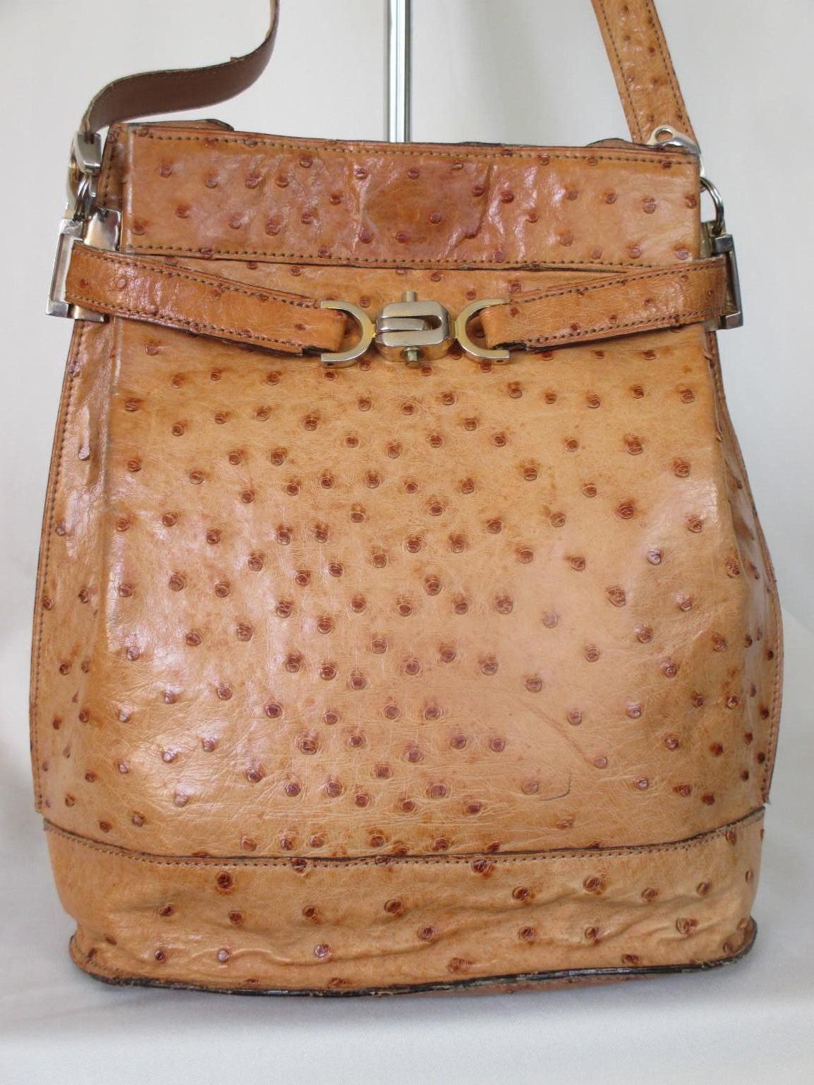 Women's or Men's Vintage Leather Ostrich Cognac Shoulder Bag