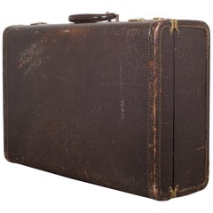 Antique Leather Overnight Suitcase with Herringbone Interior, circa 1940-1950