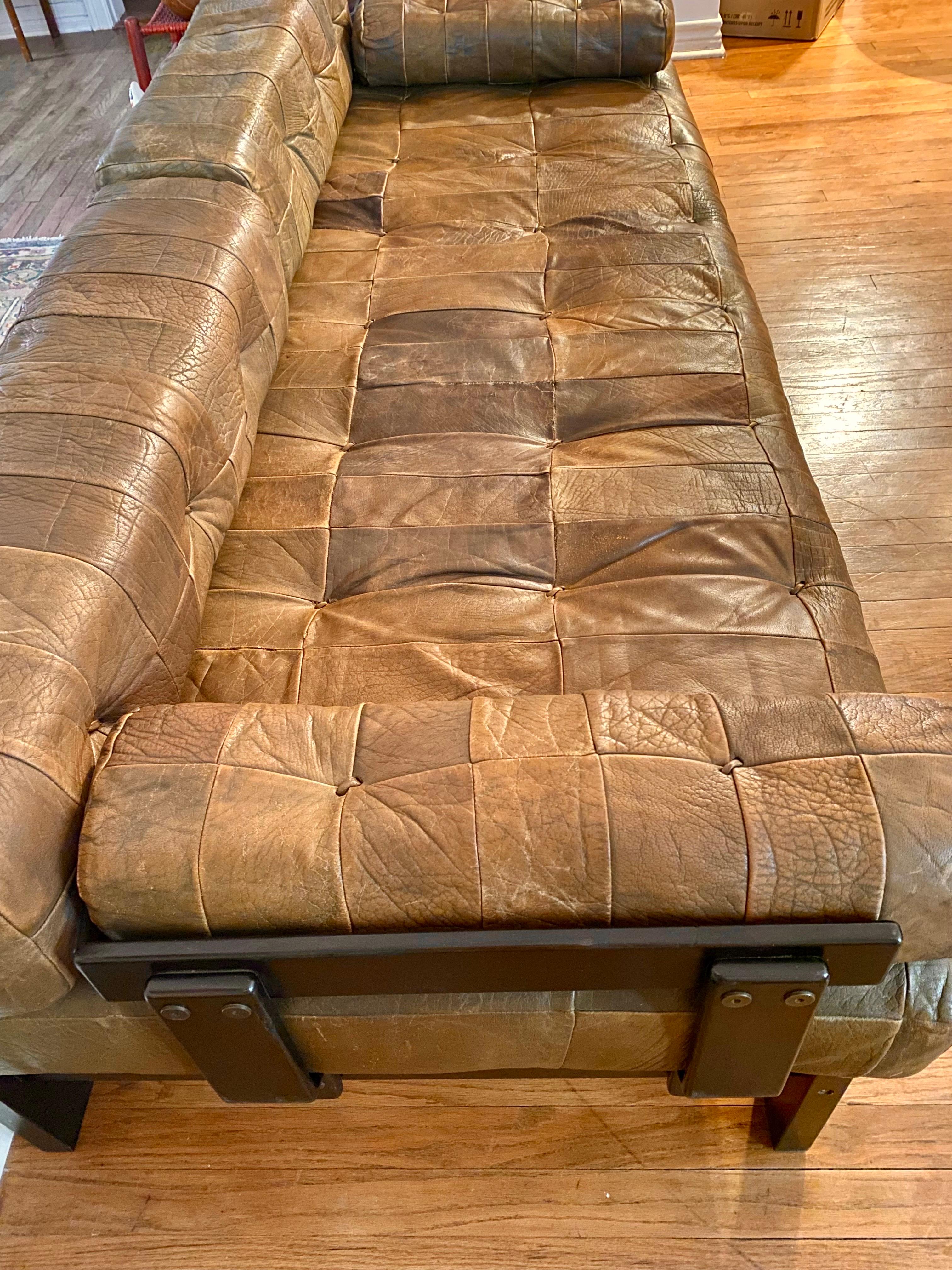 Vintage Leather Patchwork Sofa Daybed, Circa 1970s In Good Condition In San Antonio, TX