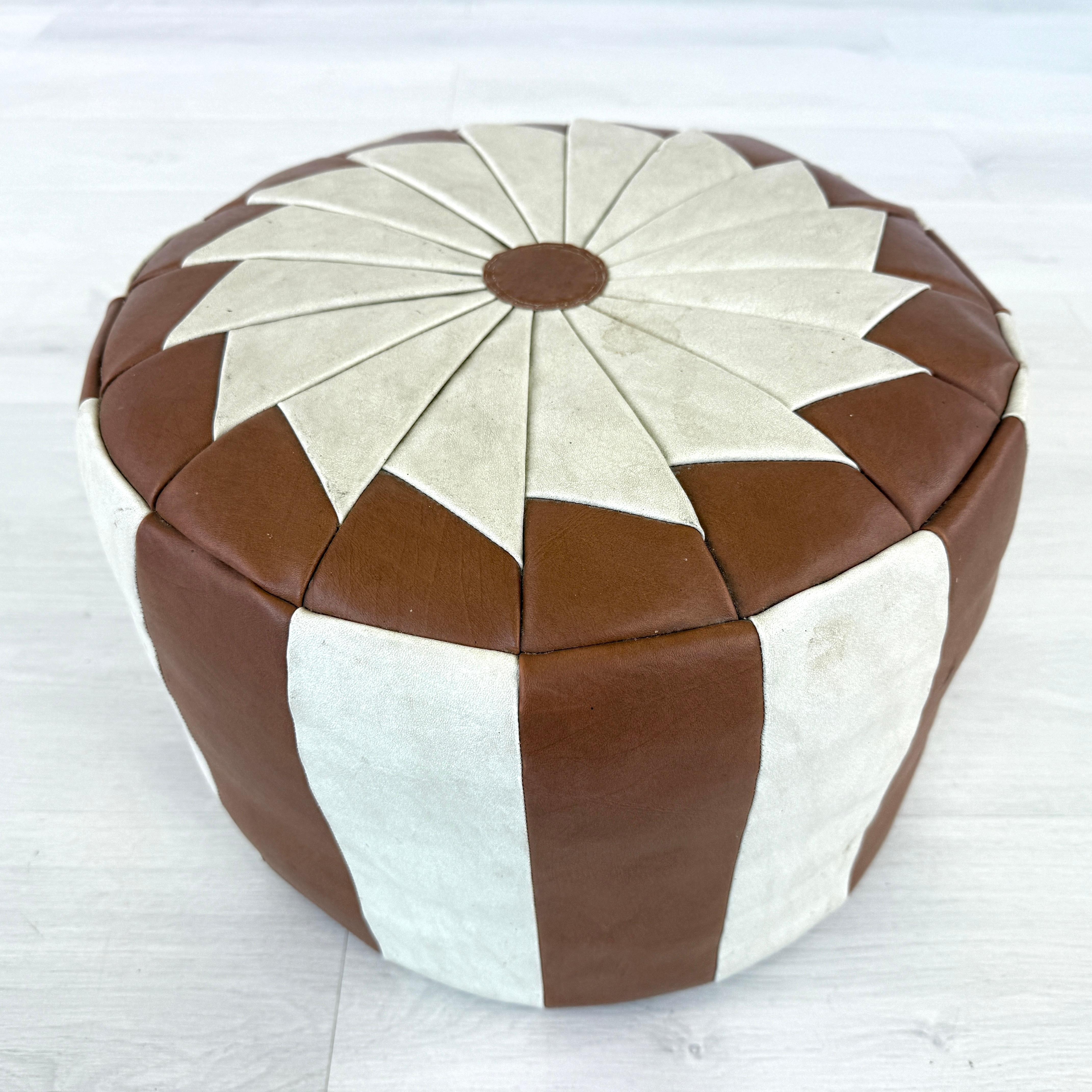 Vintage Leather Pouf In Fair Condition For Sale In Bridgeport, CT