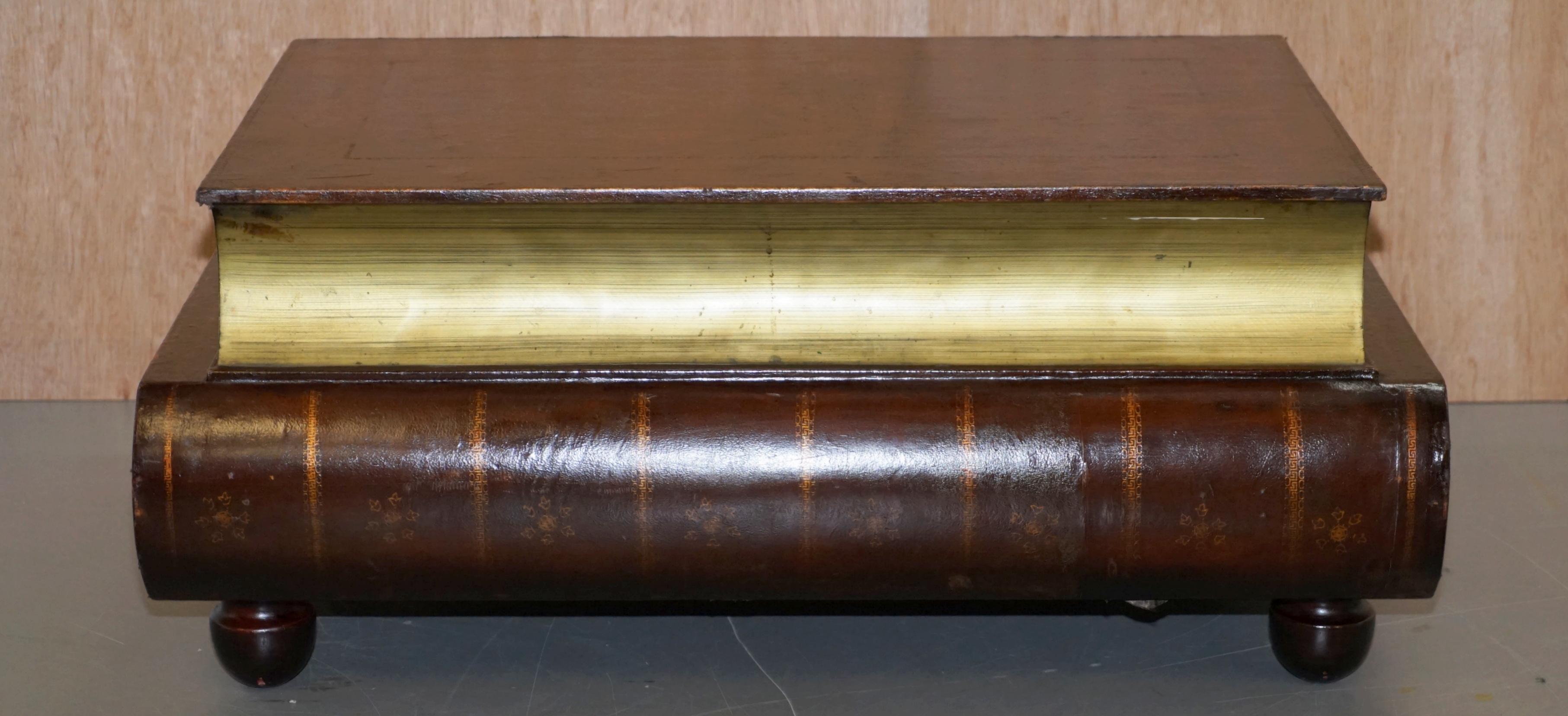 20th Century Vintage Leather Scholars Stacked Library Books Coffee Table with 2 Large Drawers