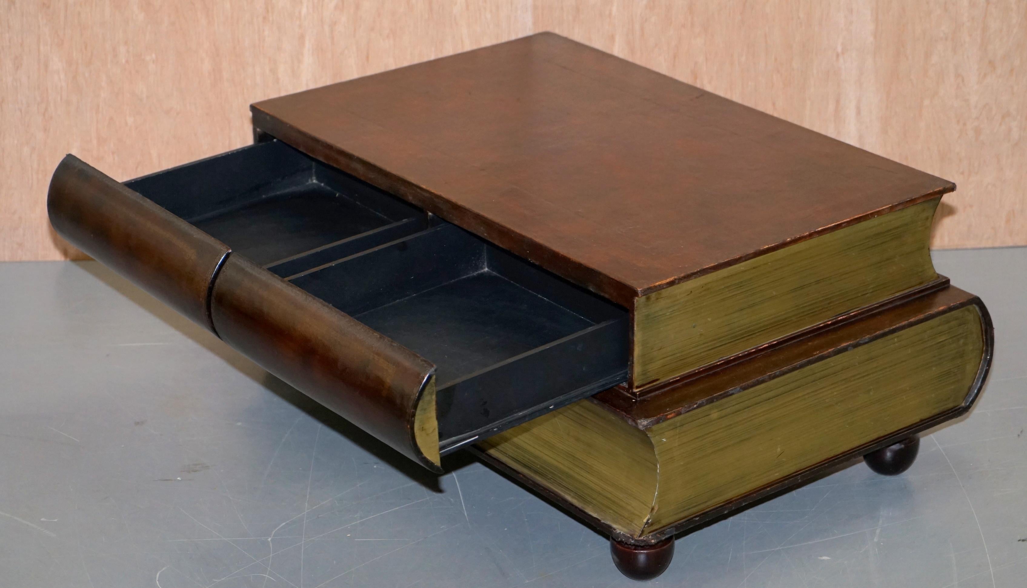 Vintage Leather Scholars Stacked Library Books Coffee Table with 2 Large Drawers 4