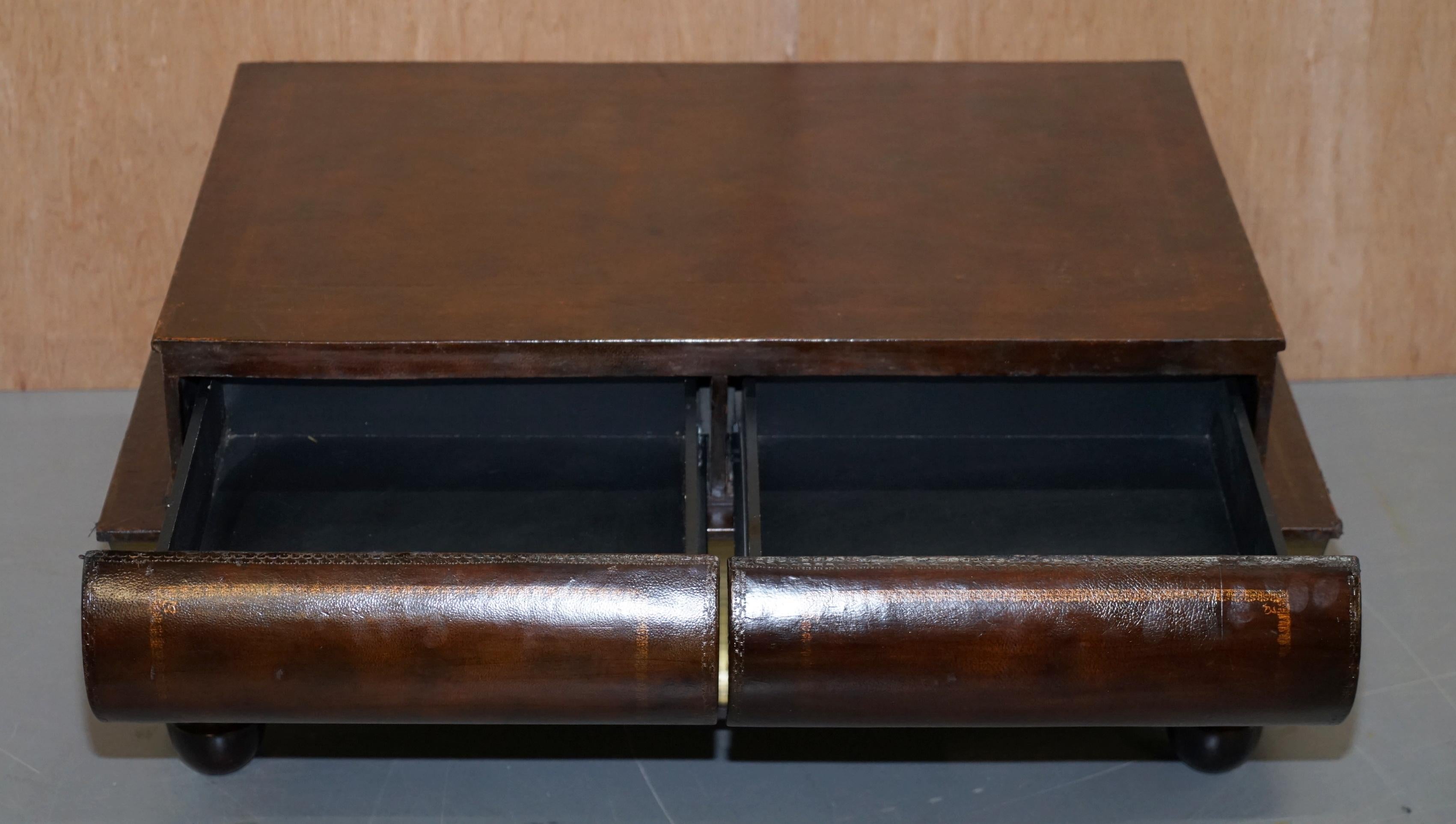 Vintage Leather Scholars Stacked Library Books Coffee Table with 2 Large Drawers 5
