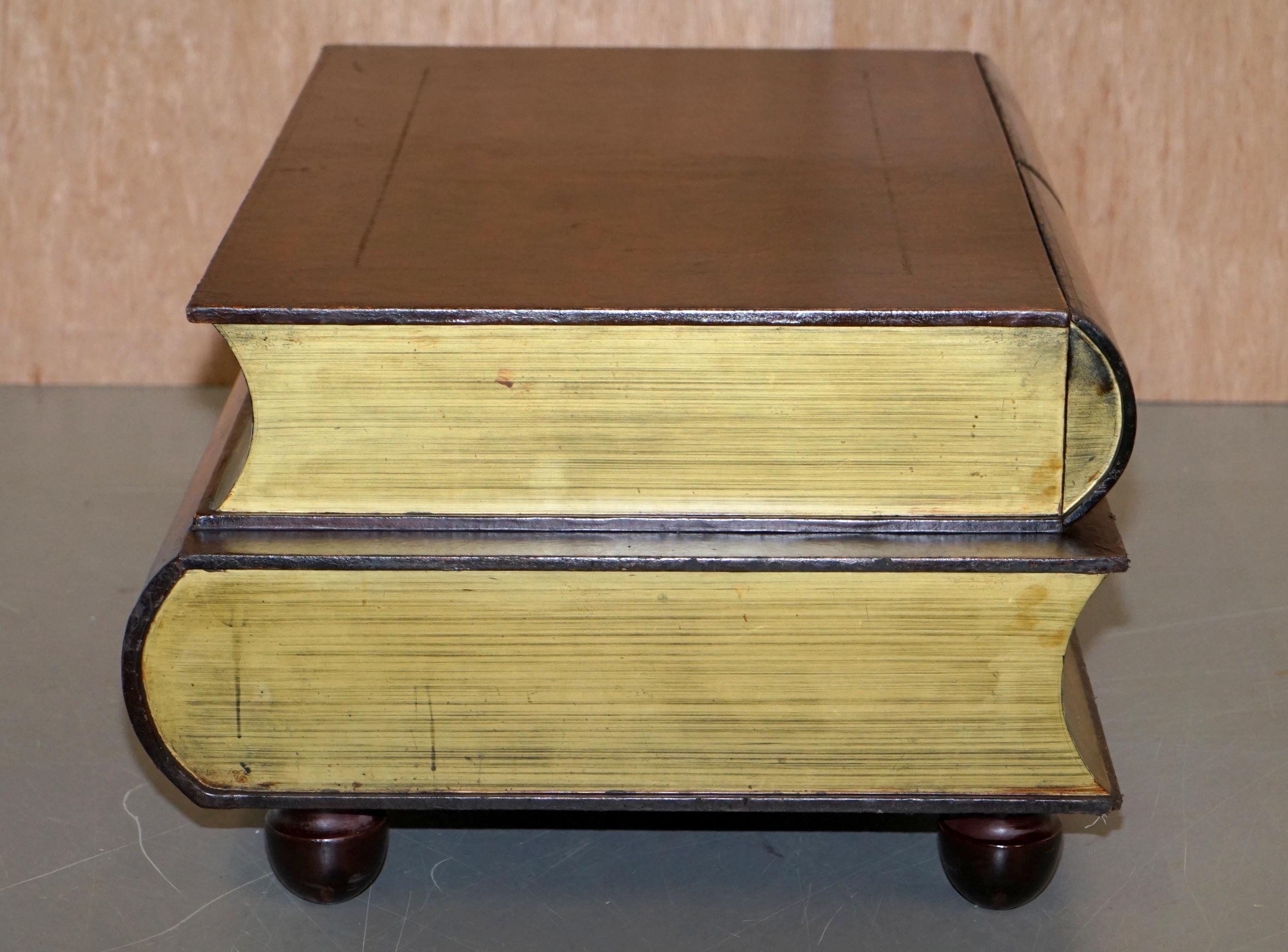 English Vintage Leather Scholars Stacked Library Books Coffee Table with 2 Large Drawers