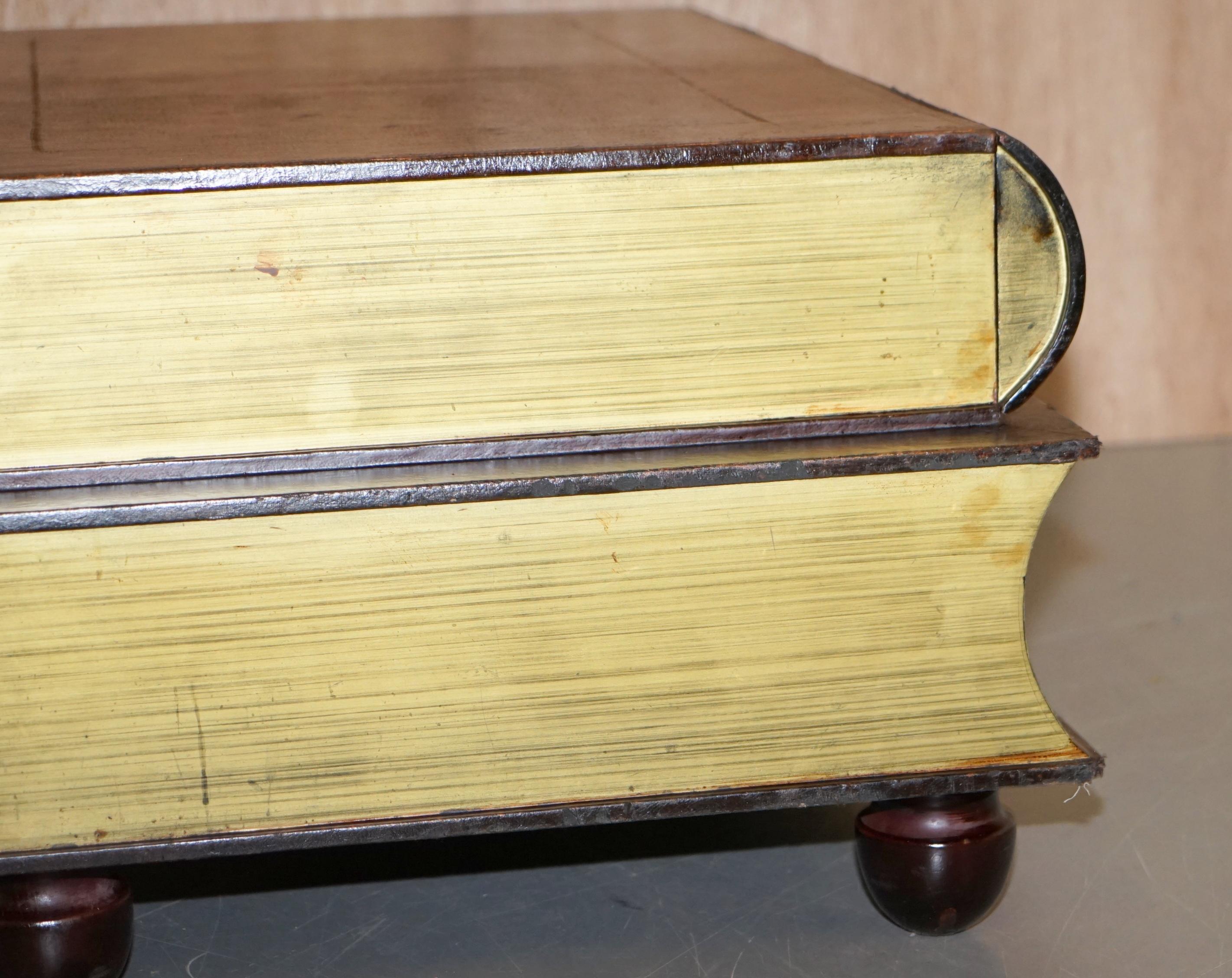Vintage Leather Scholars Stacked Library Books Coffee Table with 2 Large Drawers In Good Condition In West Sussex, Pulborough