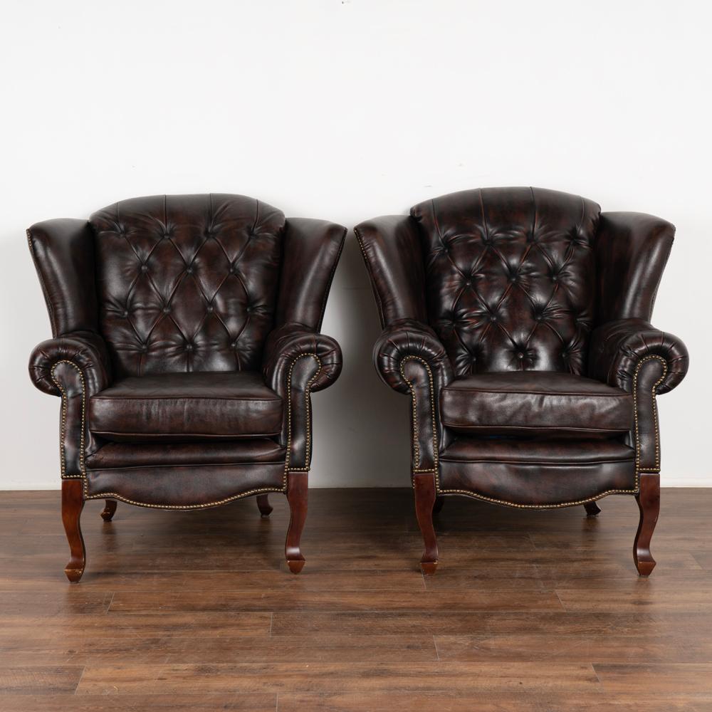 Vintage Leather Set of Chesterfield Sofa and Pair of Wingback Arm Chairs, Denmar In Good Condition In Round Top, TX