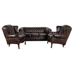 Vintage Leather Set of Chesterfield Sofa and Pair of Wingback Arm Chairs, Denmar