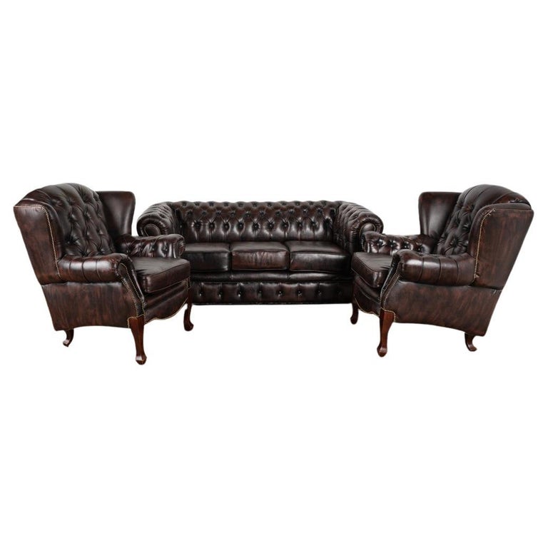 Vintage Leather Set of Chesterfield Sofa and Pair of Wingback Arm ...