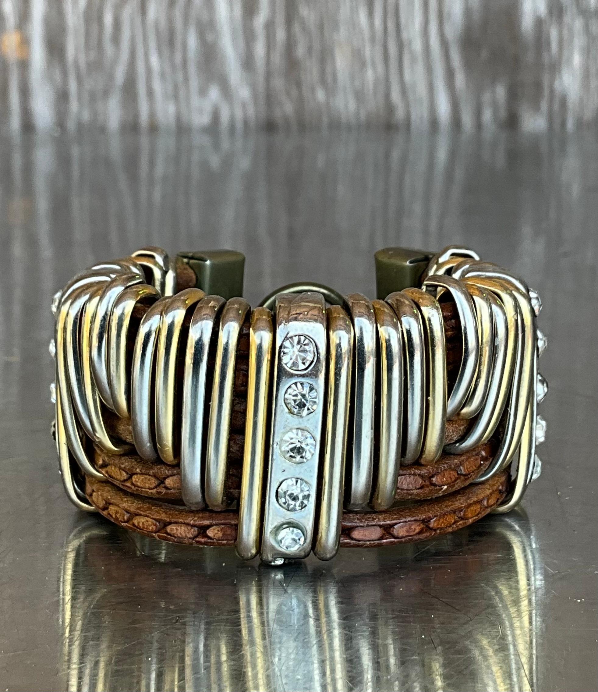 da uomo o donna Bracciale vintage in pelle e strass d'argento in vendita