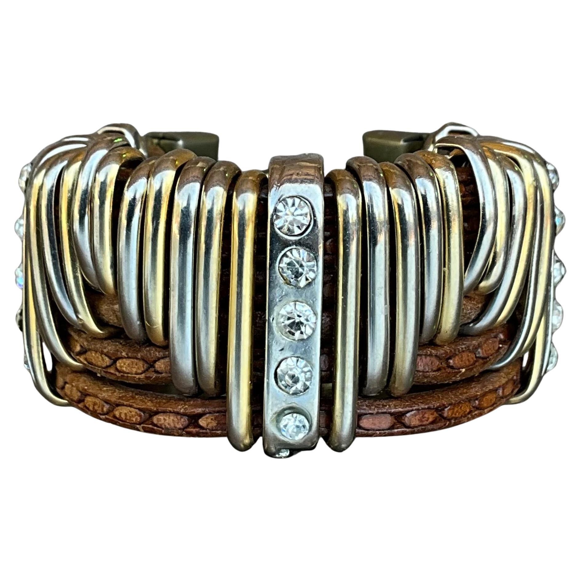 Vintage Leather & Silver Rhinestone Cuff Bracelet
