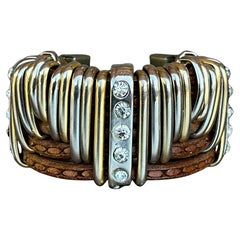Vintage Leather & Silver Rhinestone Cuff Bracelet