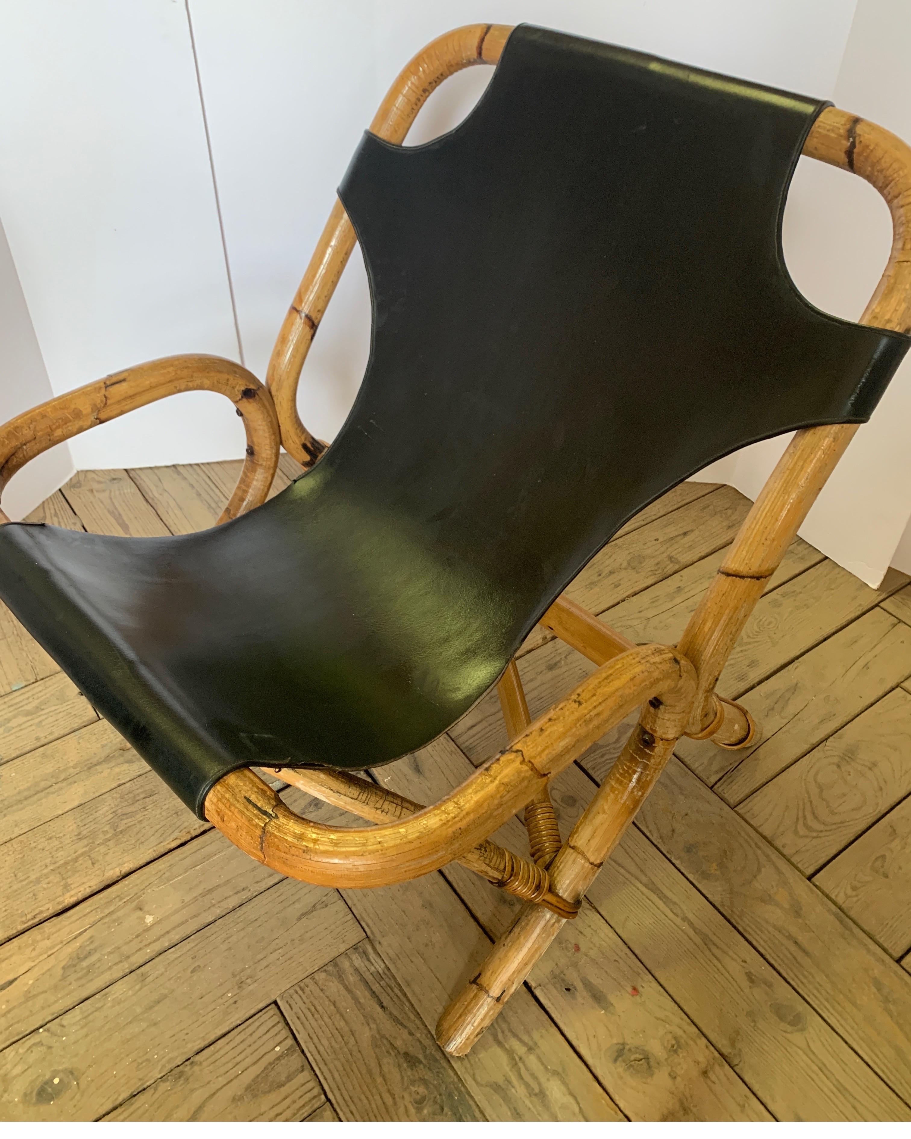 Vintage Leather Sling Back Black Leather and Bamboo Chair  For Sale 4