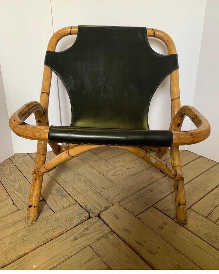Vintage Leather Sling Back Black Leather and Bamboo Chair For Sale at