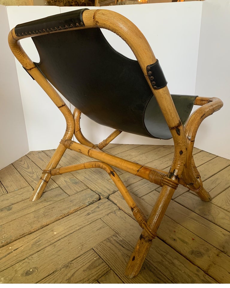Vintage Leather Sling Back Black Leather and Bamboo Chair For Sale at