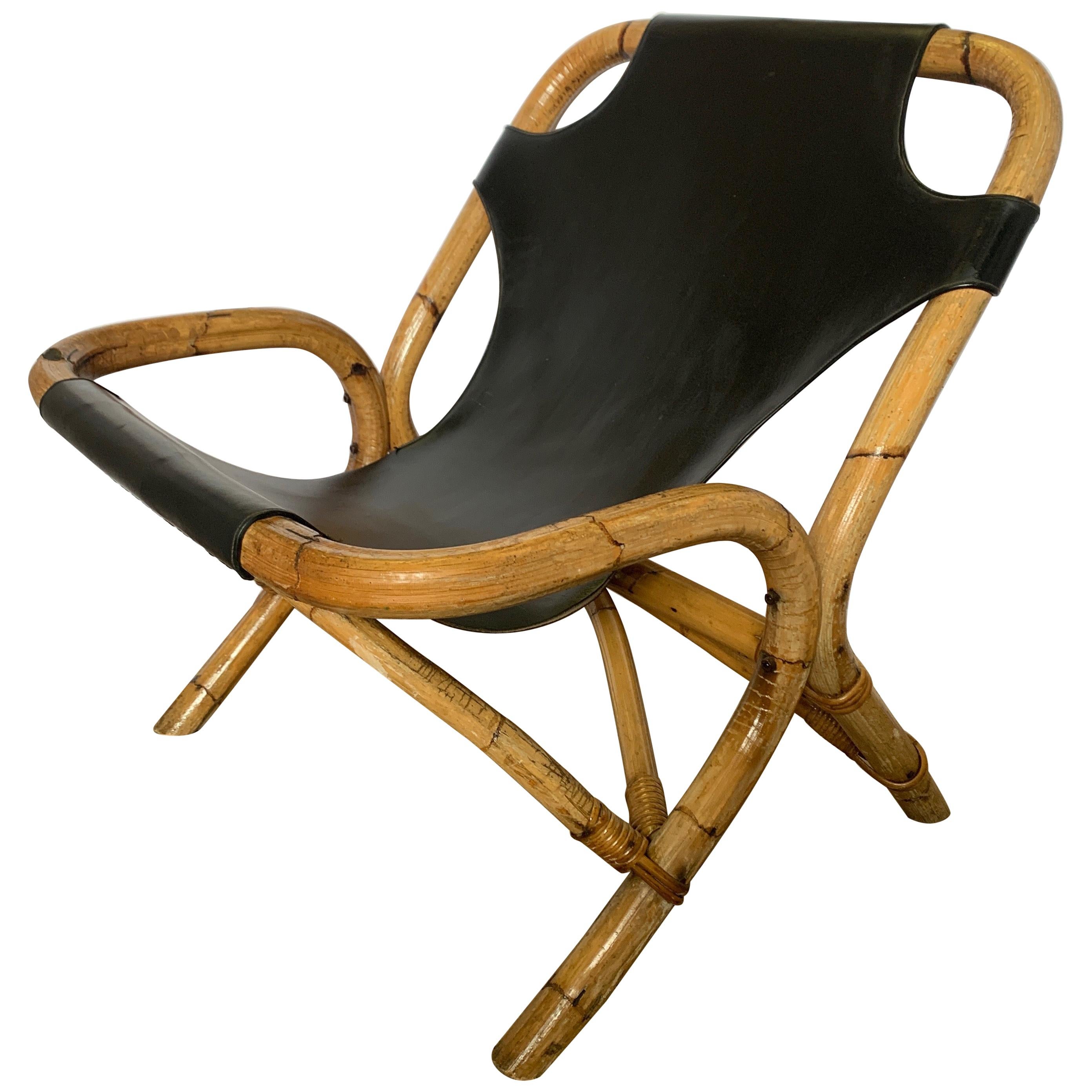 Sessel mit schwarzer Lederrückenlehne und Sling Back aus Bambus 