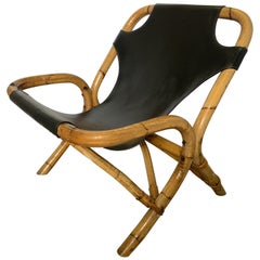 Used Leather Sling Back Black Leather and Bamboo Chair 