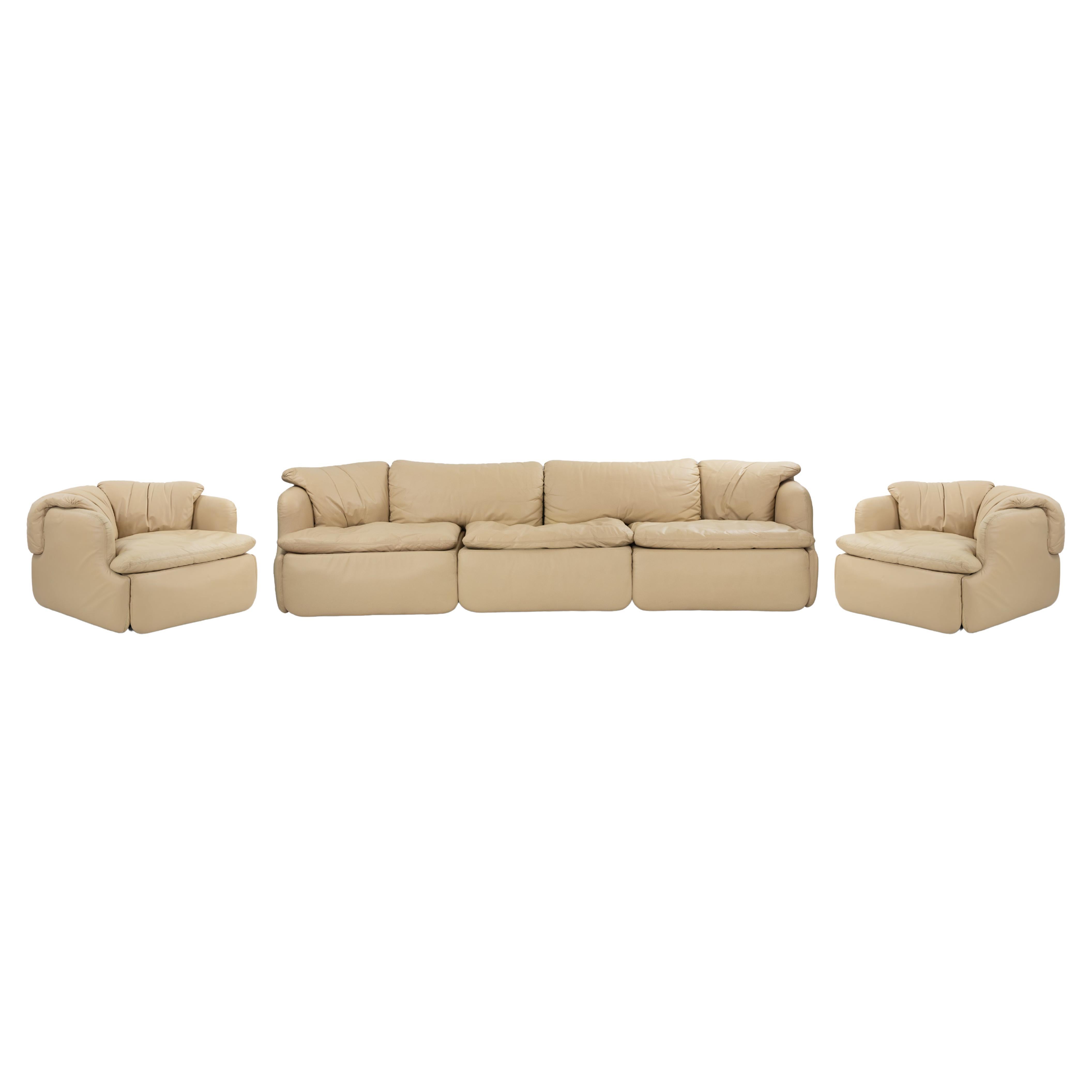 Vintage Leather Sofa Set "Confidential" by  A. Rosselli for Sapori, italy, 1970s For Sale