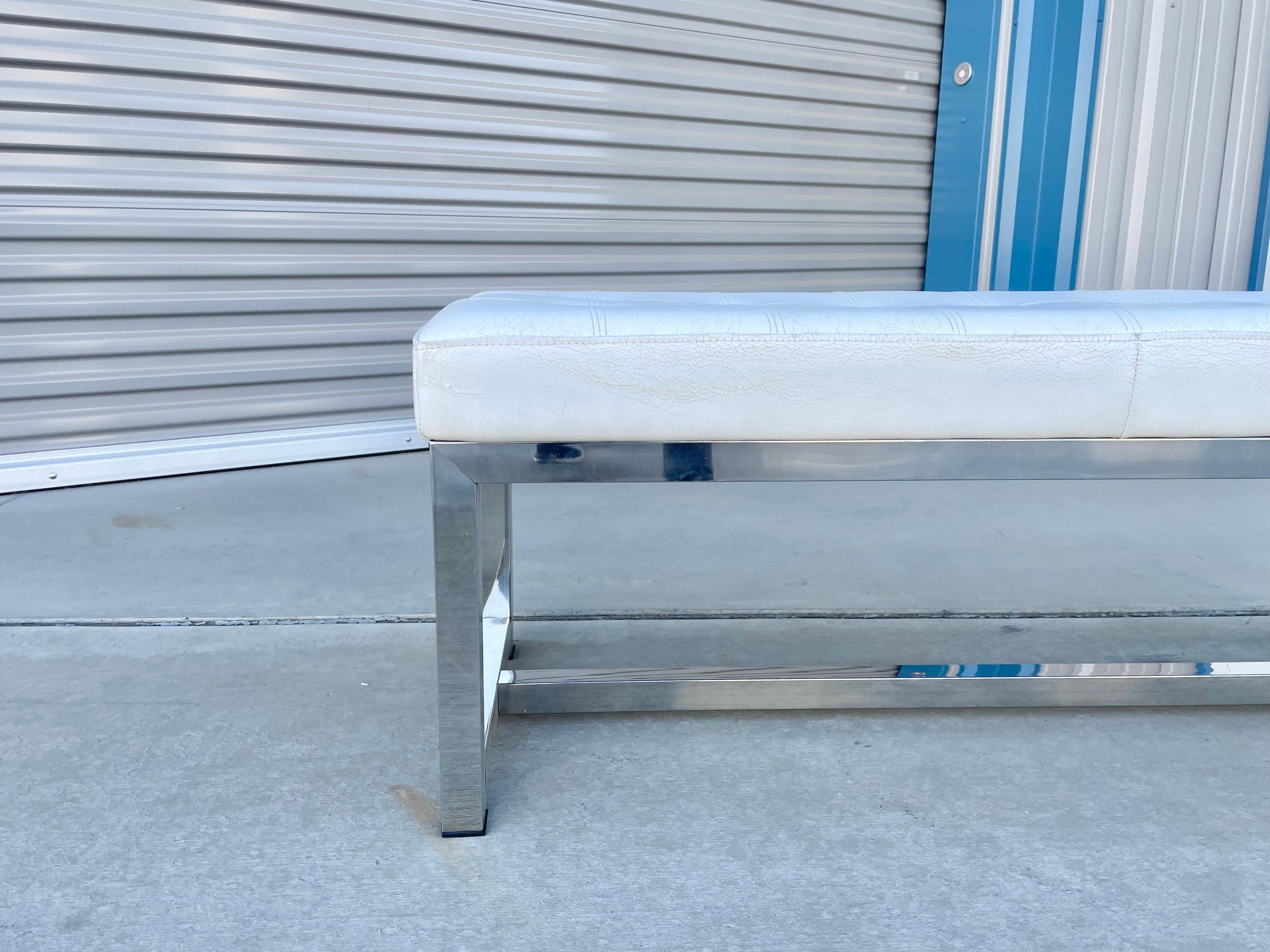 Mid-Century Modern Vintage Leather & Steel Bench For Sale