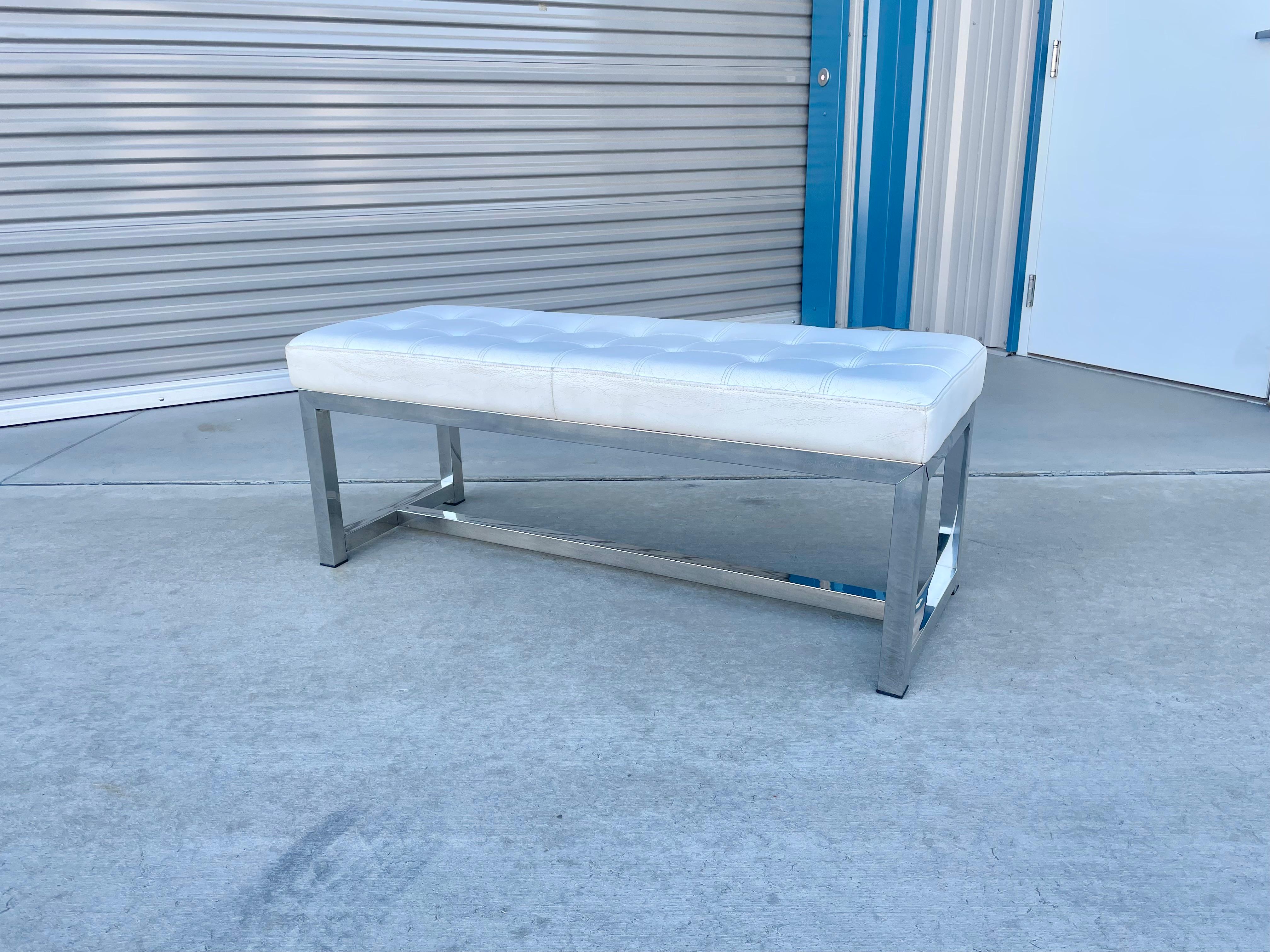 Late 20th Century Vintage Leather & Steel Bench For Sale