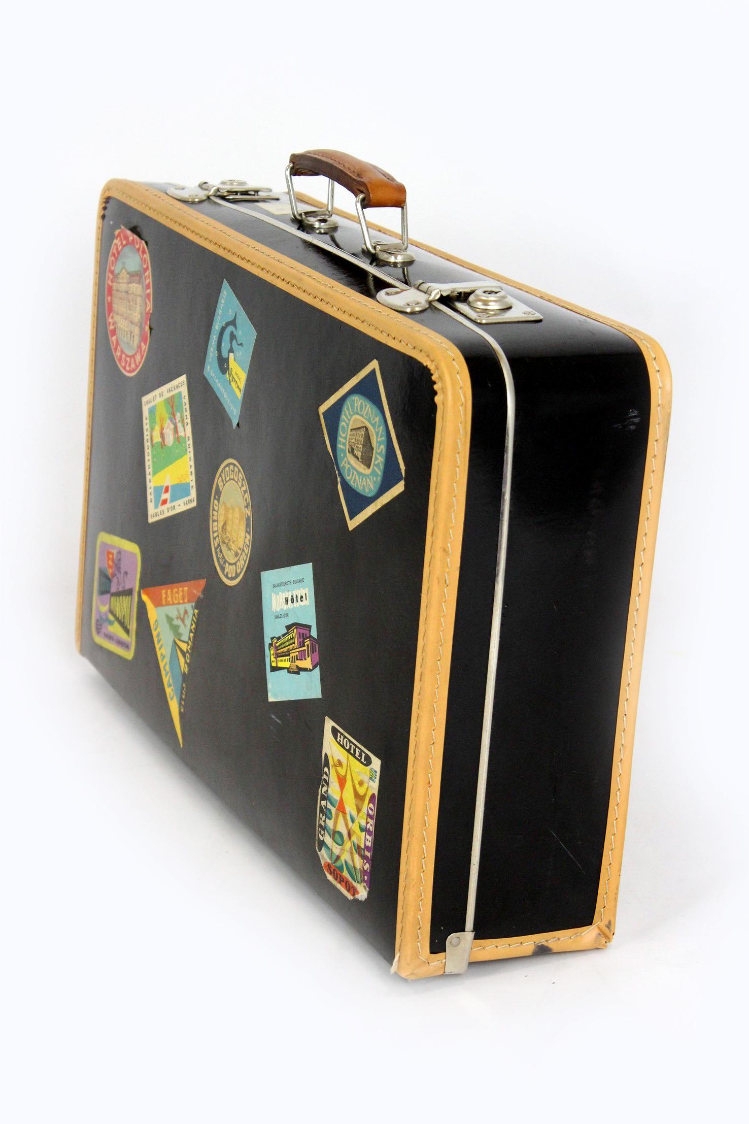Vintage Leather Suitcase with Original Stickers, 1950s For Sale 6