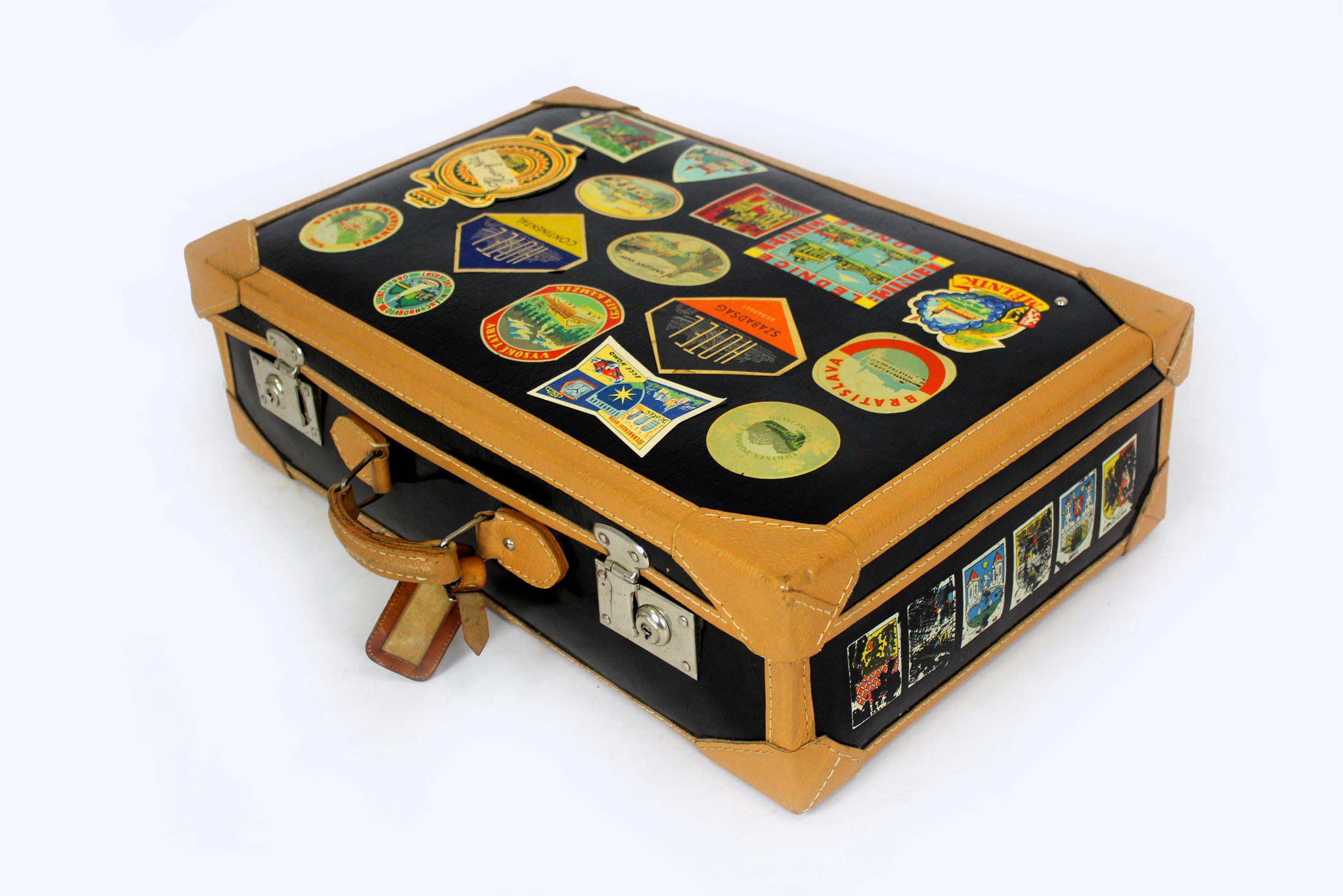 Vintage Leather Suitcase with Original Stickers, 1950s For Sale 11