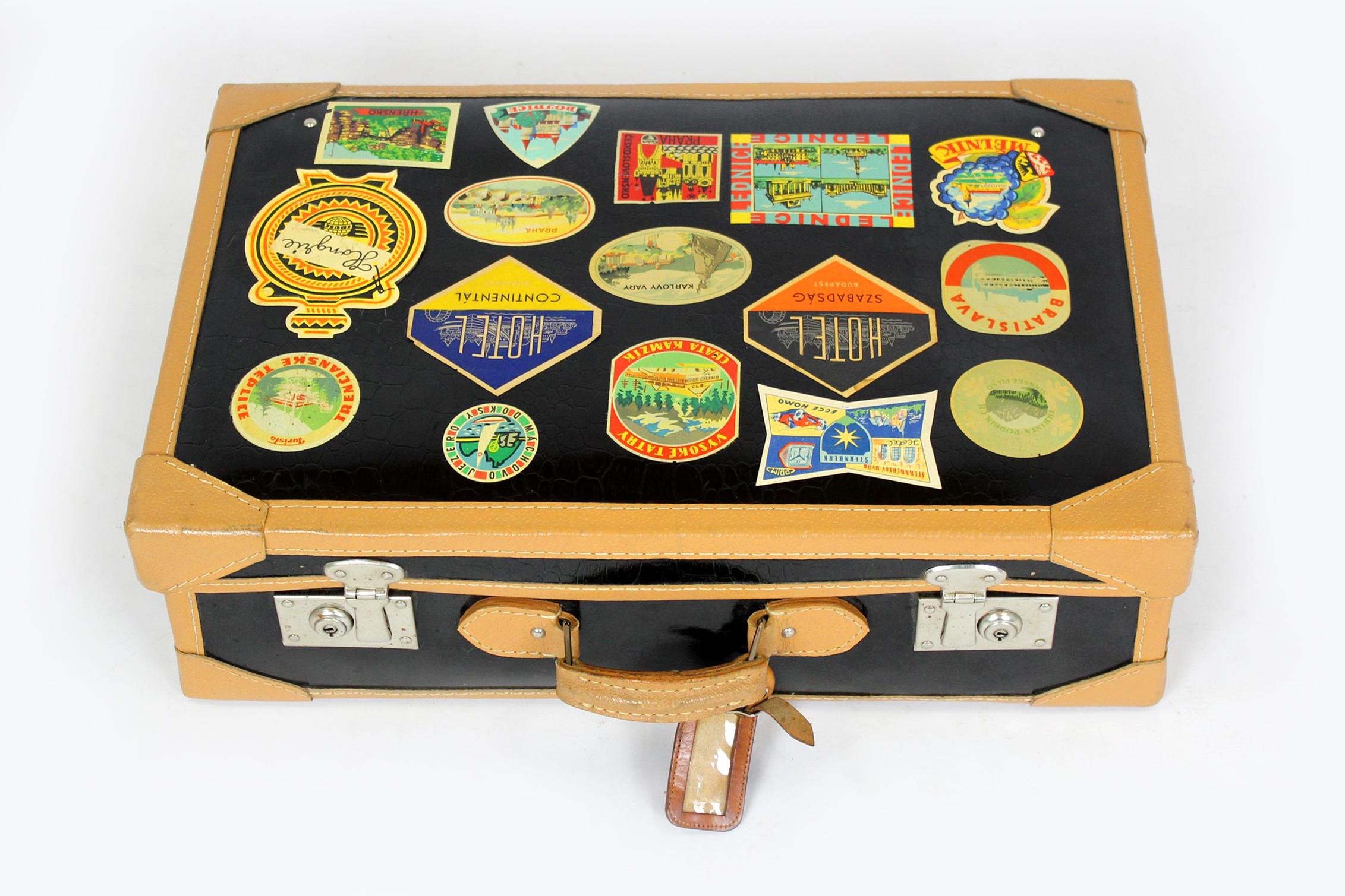 Vintage Leather Suitcase with Original Stickers, 1950s For Sale 13