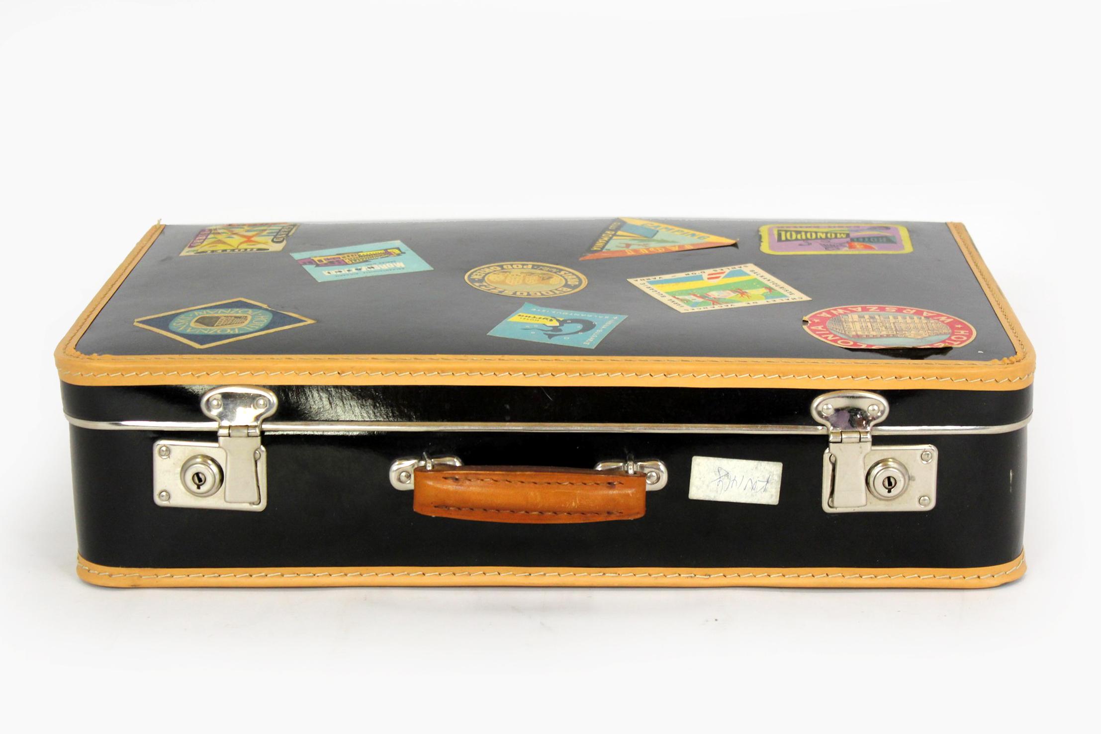 20th Century Vintage Leather Suitcase with Original Stickers, 1950s For Sale