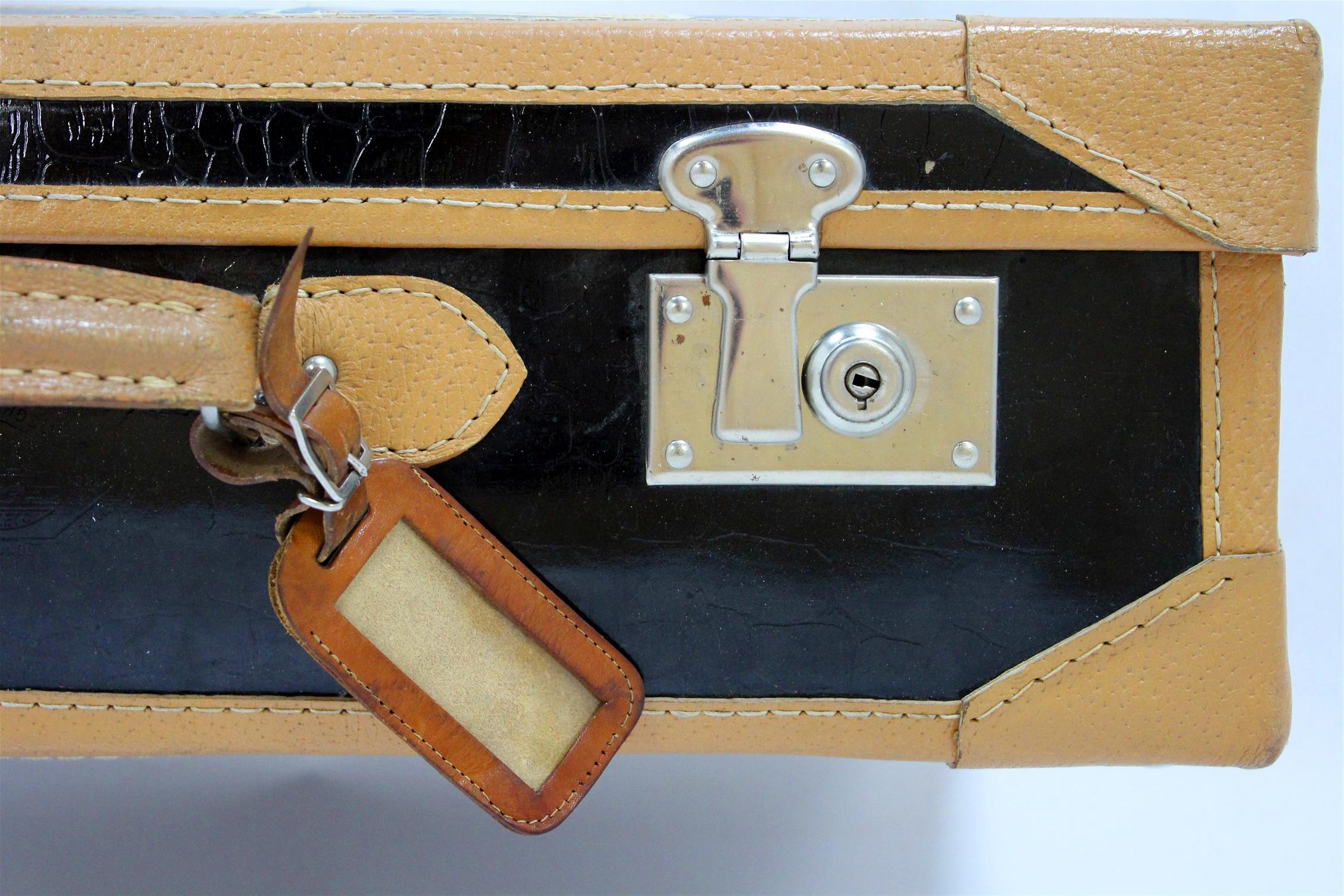 Vintage Leather Suitcase with Original Stickers, 1950s For Sale 1