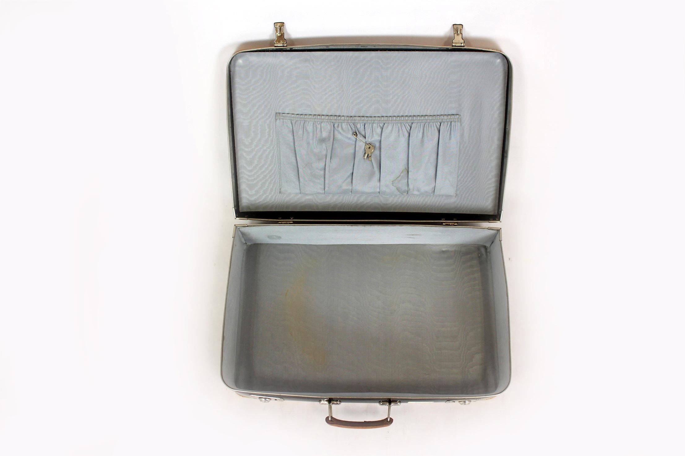Vintage Leather Suitcase with Original Stickers, 1950s For Sale 3
