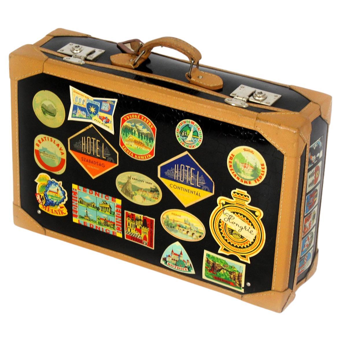 Vintage Leather Suitcase with Original Stickers, 1950s For Sale