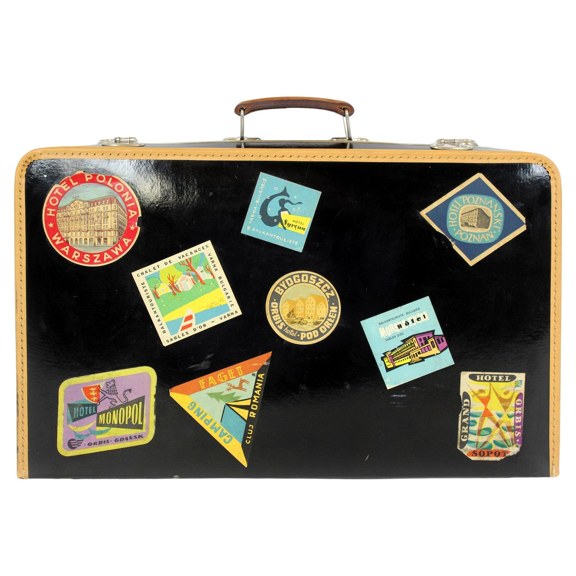 Valise en cuir vintage avec autocollants d'origine, années 1950