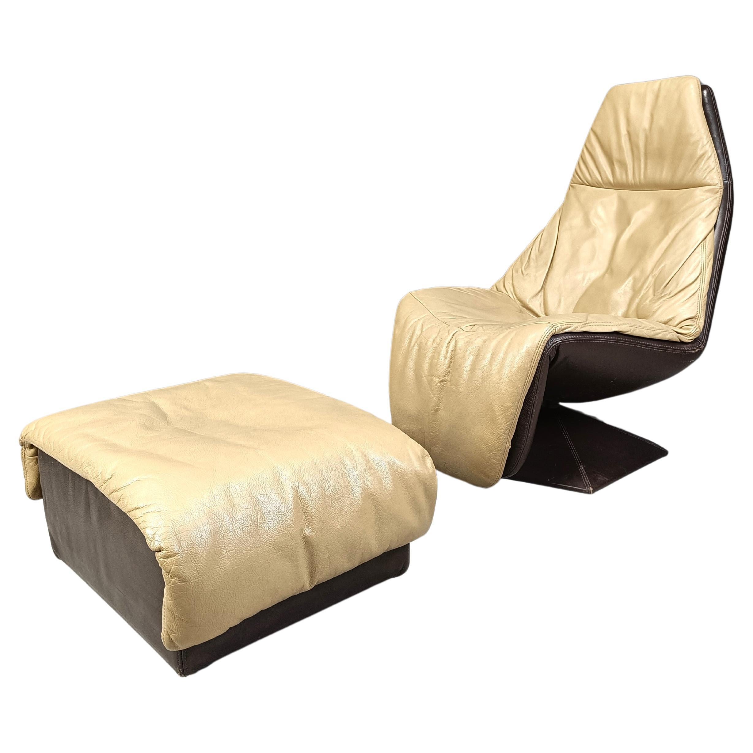 Chaise pivotante vintage en cuir avec pouf, 1970