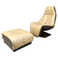 Vintage leather swivel chair with ottoman, 1970s