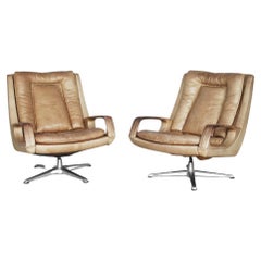 Set of Vintage Mid-Century Modern Brown Leather Swivel Chairs by Carl Straub
