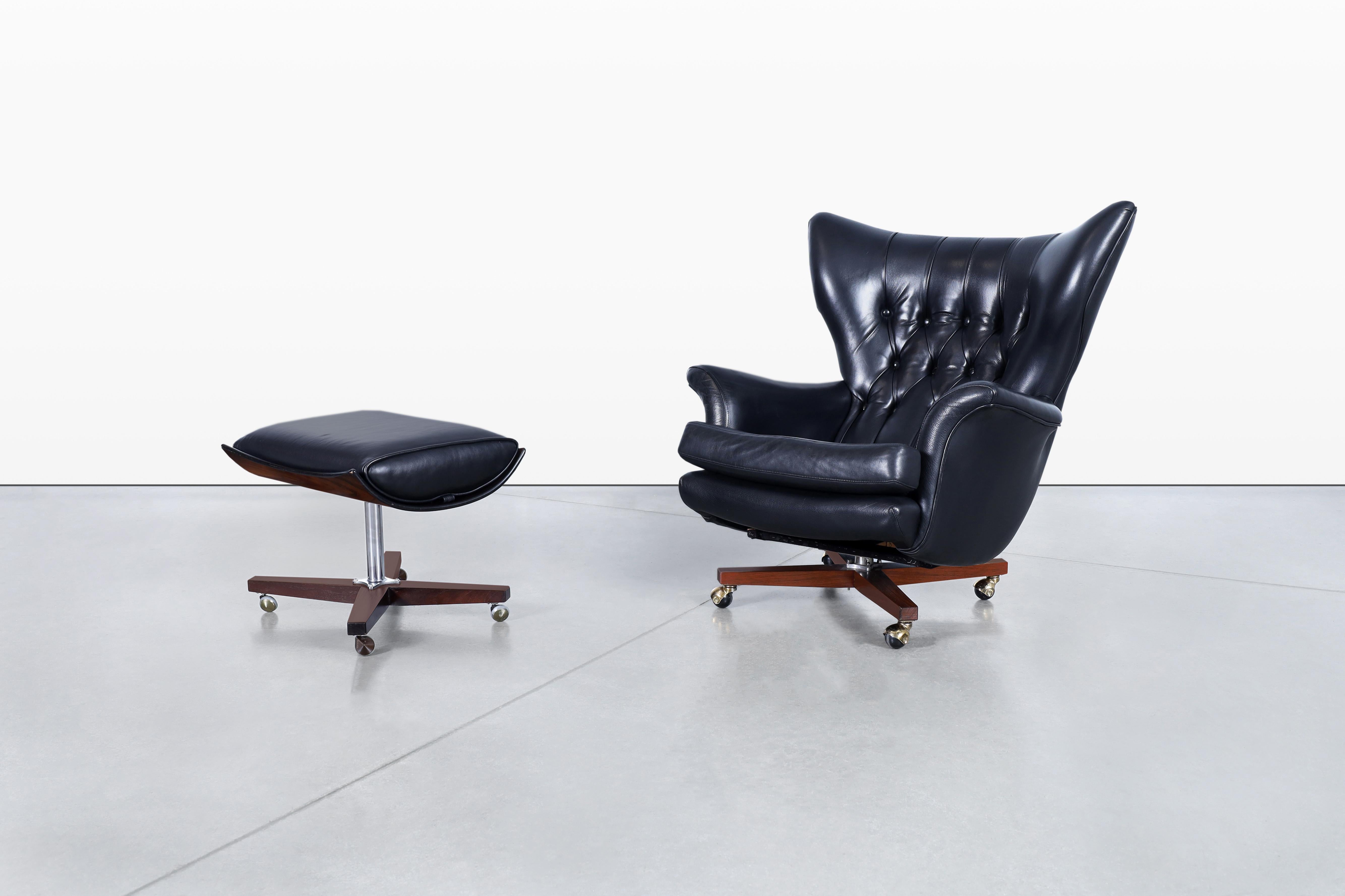Discover a stunning mid-century leather chair and ottoman set that exemplifies the elegance and craftsmanship of G-Plan, produced in the United Kingdom during the 1960s. This exquisite chair features a striking wingback design adorned with diamond