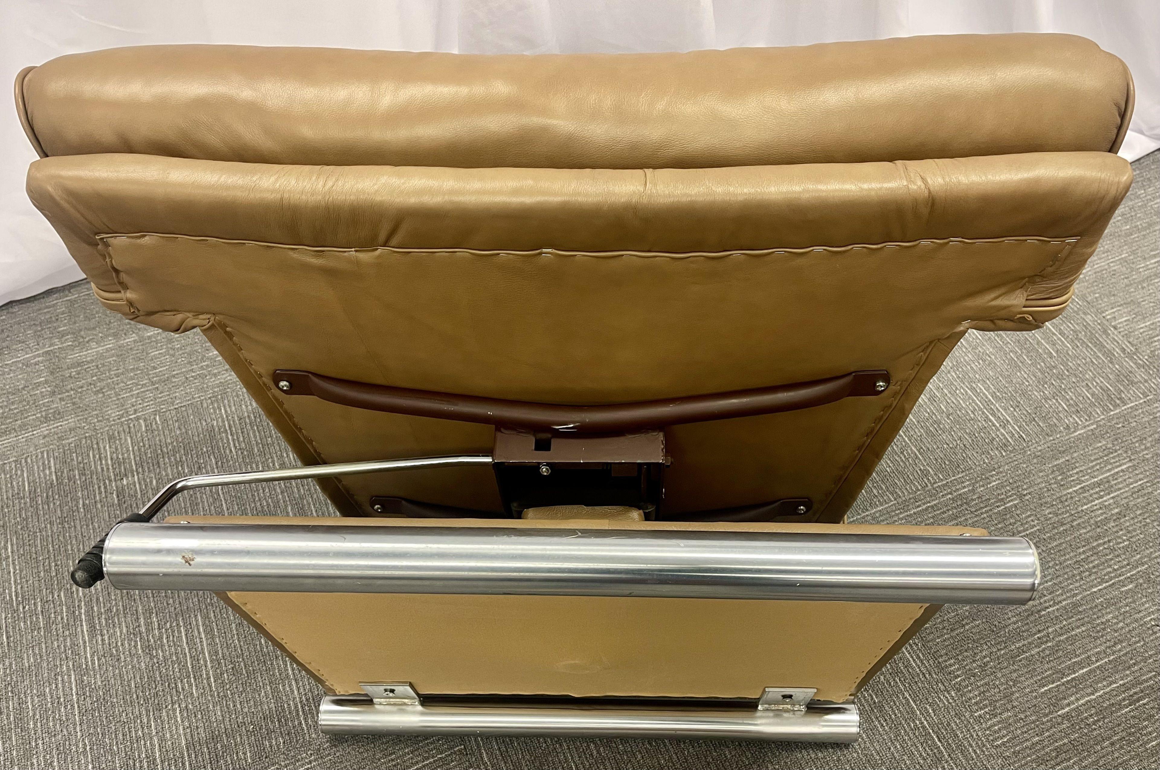Vintage Leather Swivel, Lounge Chair with Ottoman, Percival Lafer Style, Steel For Sale 5
