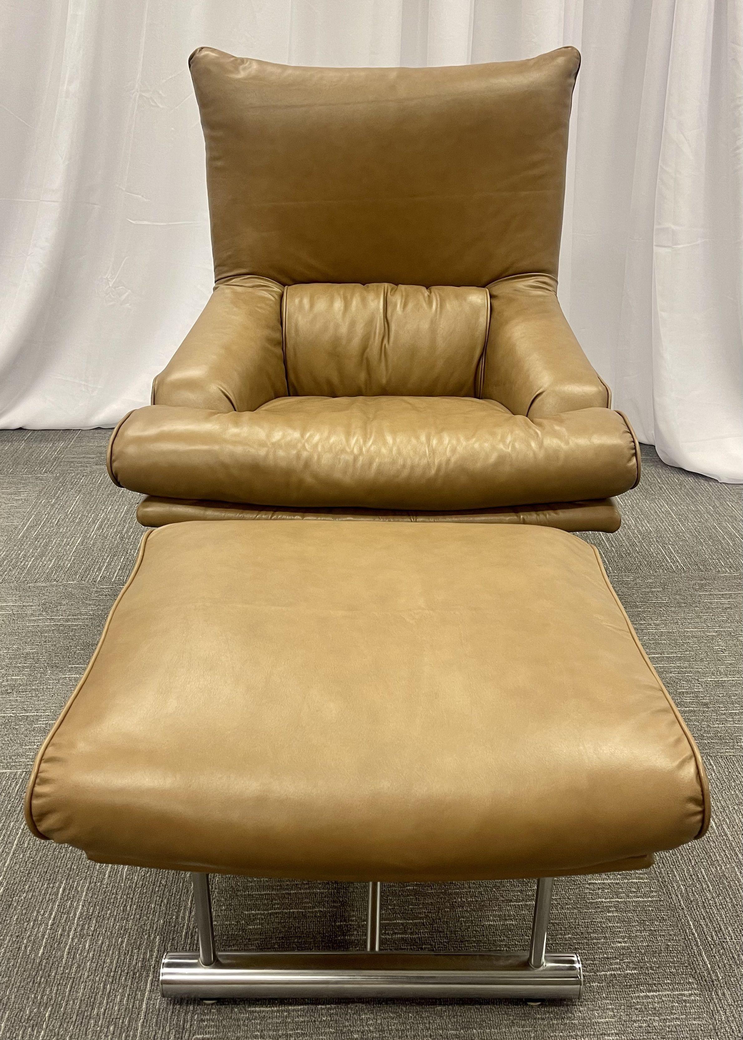 Vintage leather swivel, lounge chair with ottoman, percival lafer style, steel. This newly upholstered leather lounge chair or recliner is imply stunning. Italian having a custom sturdy base this simply stunning sleek and stylish chair and ottoman