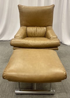 Vintage Leather Swivel, Lounge Chair with Ottoman, Percival Lafer Style, Steel