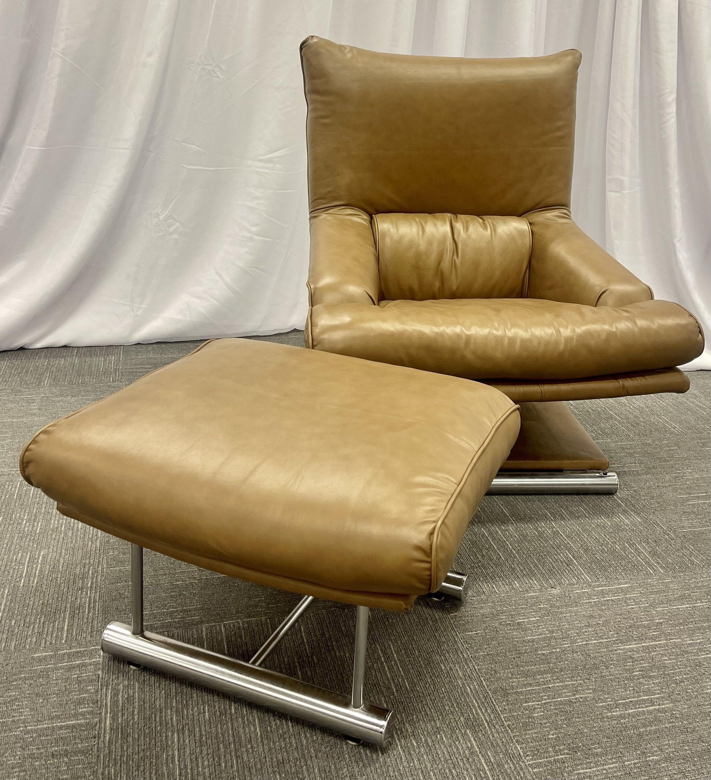 Vintage Leather Swivel, Lounge Chair with Ottoman, Percival Lafer Style, Steel In Good Condition For Sale In Stamford, CT