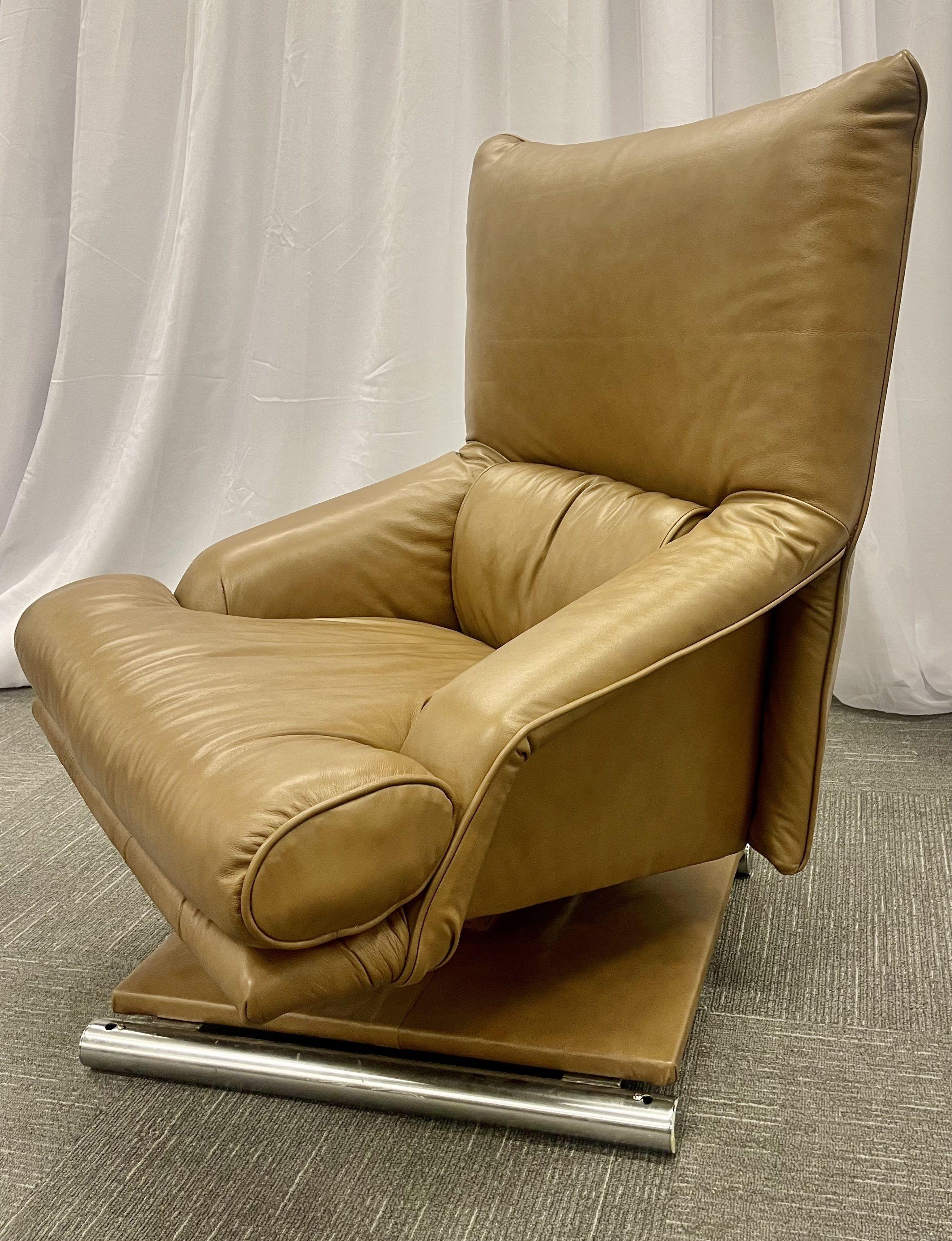 Vintage Leather Swivel, Lounge Chair with Ottoman, Percival Lafer Style, Steel For Sale 1