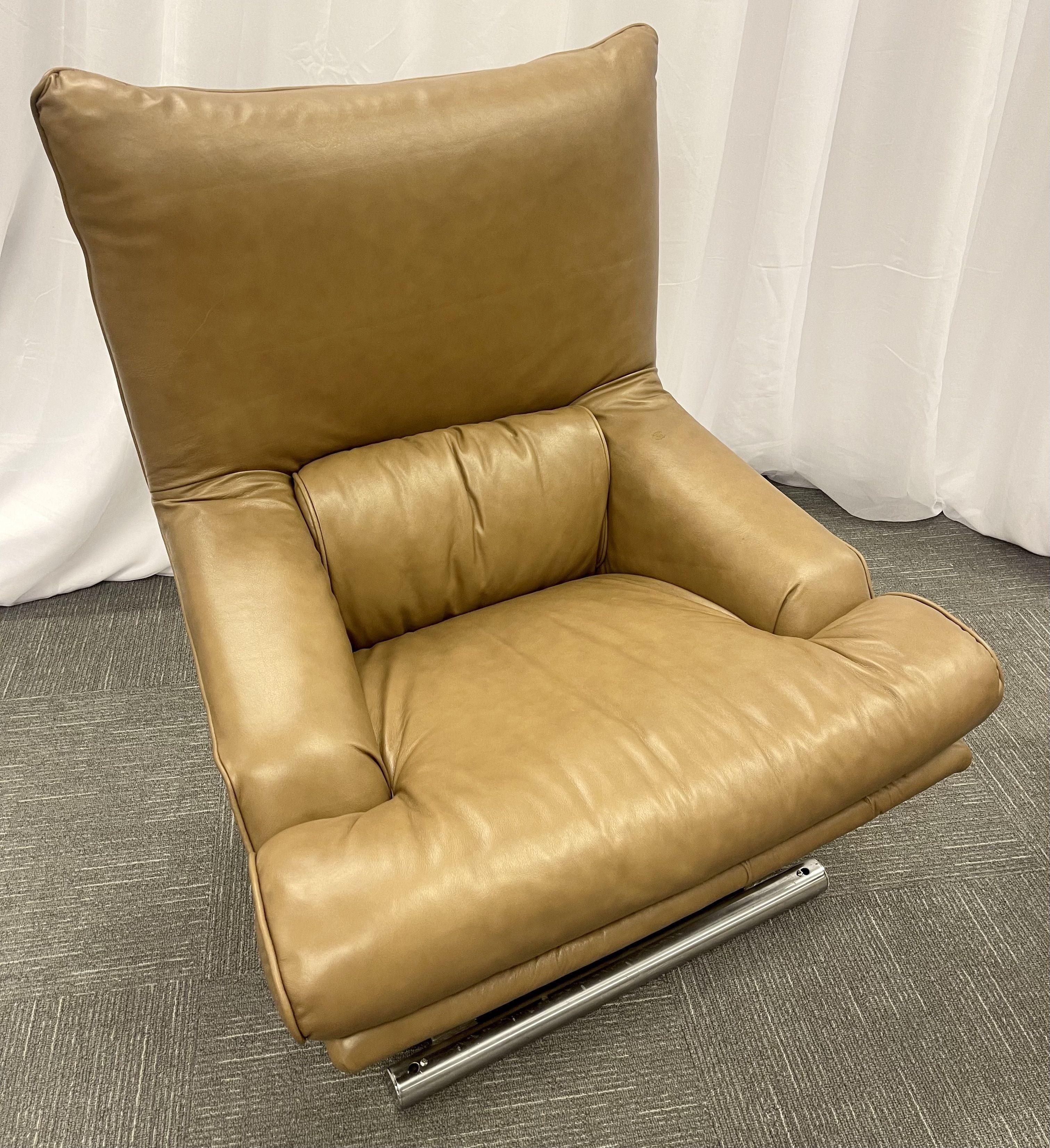 Vintage Leather Swivel, Lounge Chair with Ottoman, Percival Lafer Style, Steel For Sale 2