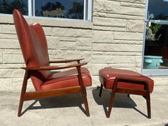 Leather and Teak Lounge Chair with Ottoman by K. Rasmussen for Peter Wessel