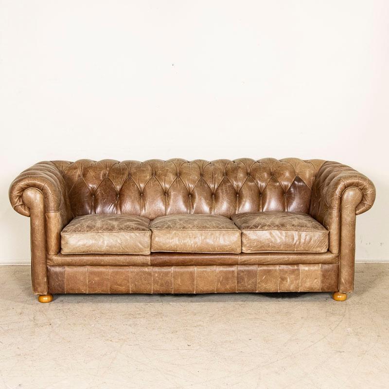English Vintage Leather Three Seat Chesterfield Sofa from England