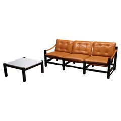 Vintage Leather Three-Seater Sofa with Coffee Table Set