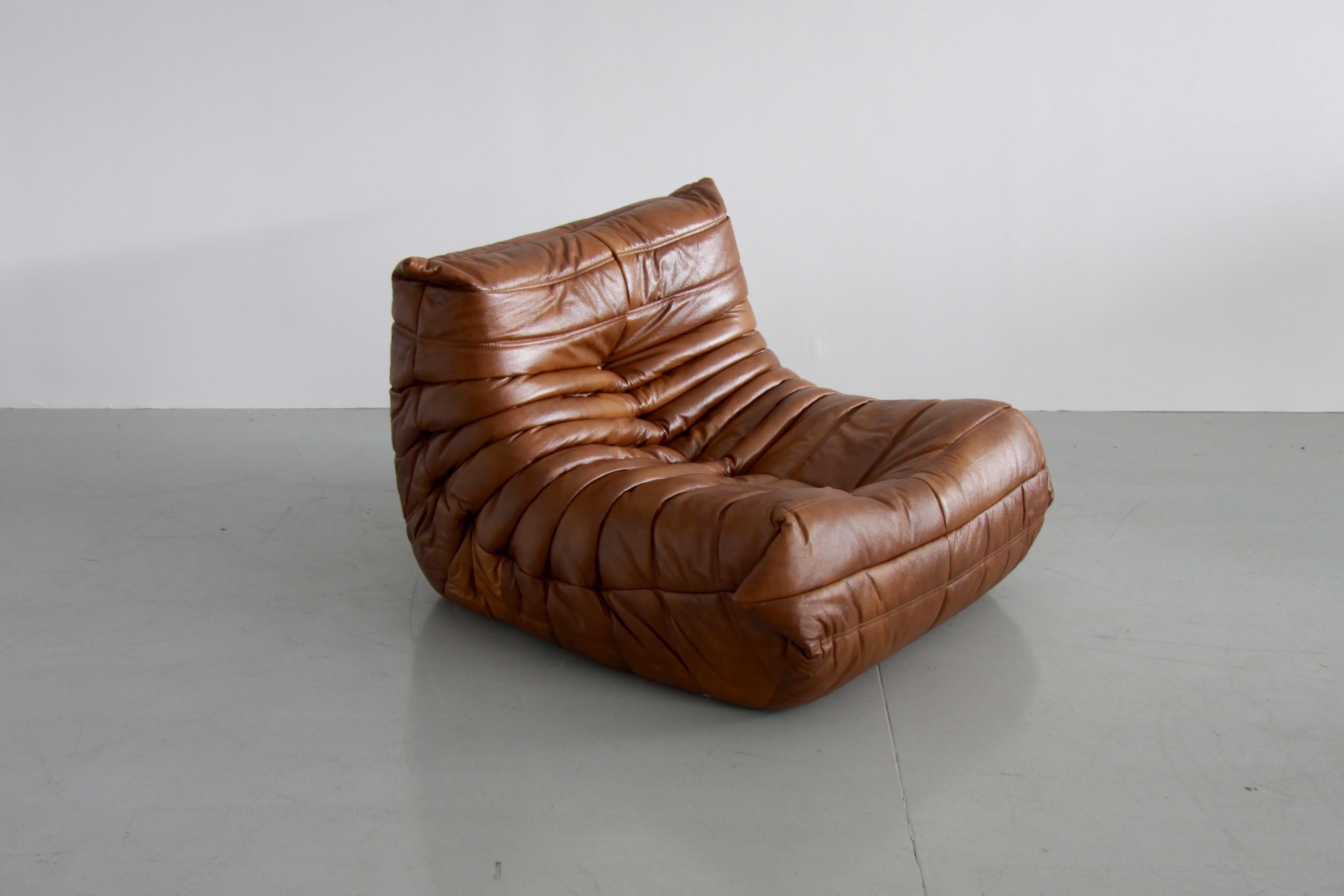Vintage Leather Togo Sofa Set by Michel Ducaroy for Ligne Roset, Set of Five 8
