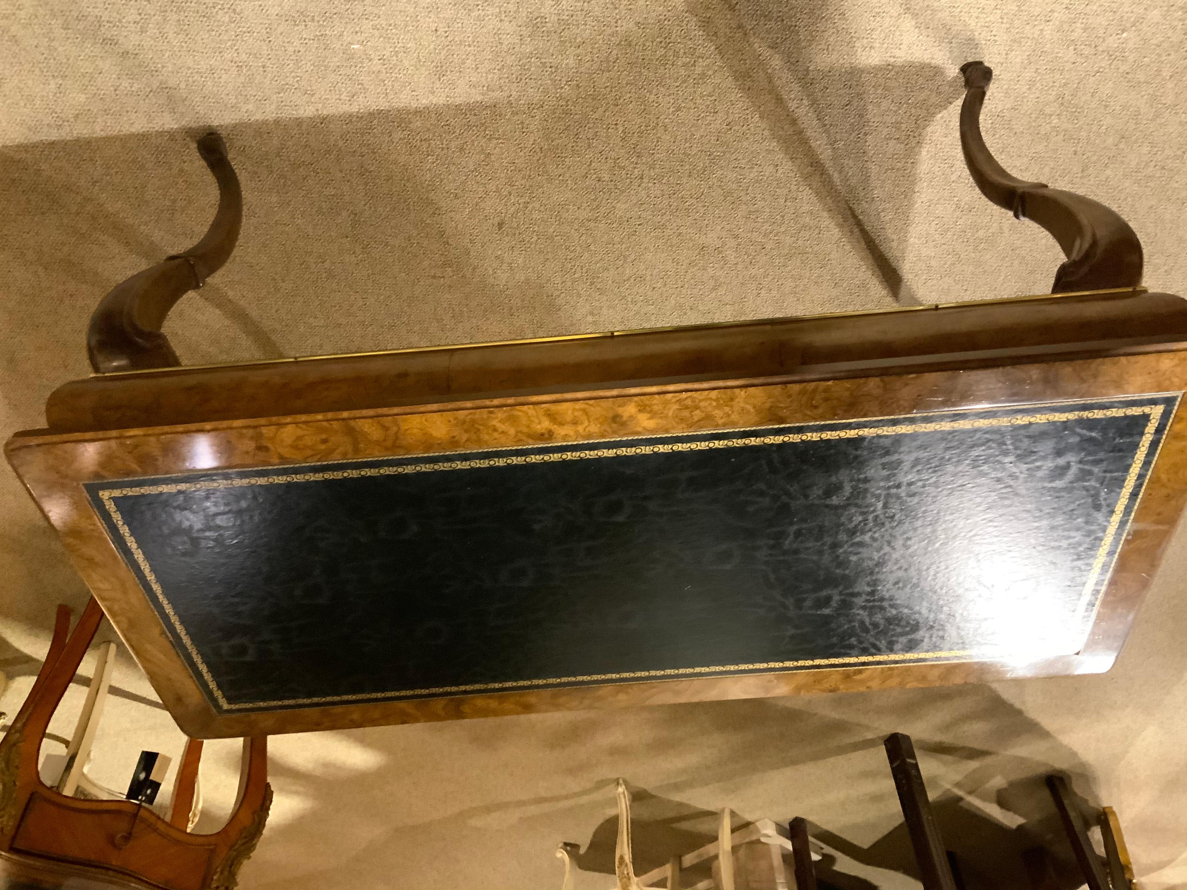 Vintage Leather Top Burlwood Writing Desk In Good Condition In Houston, TX