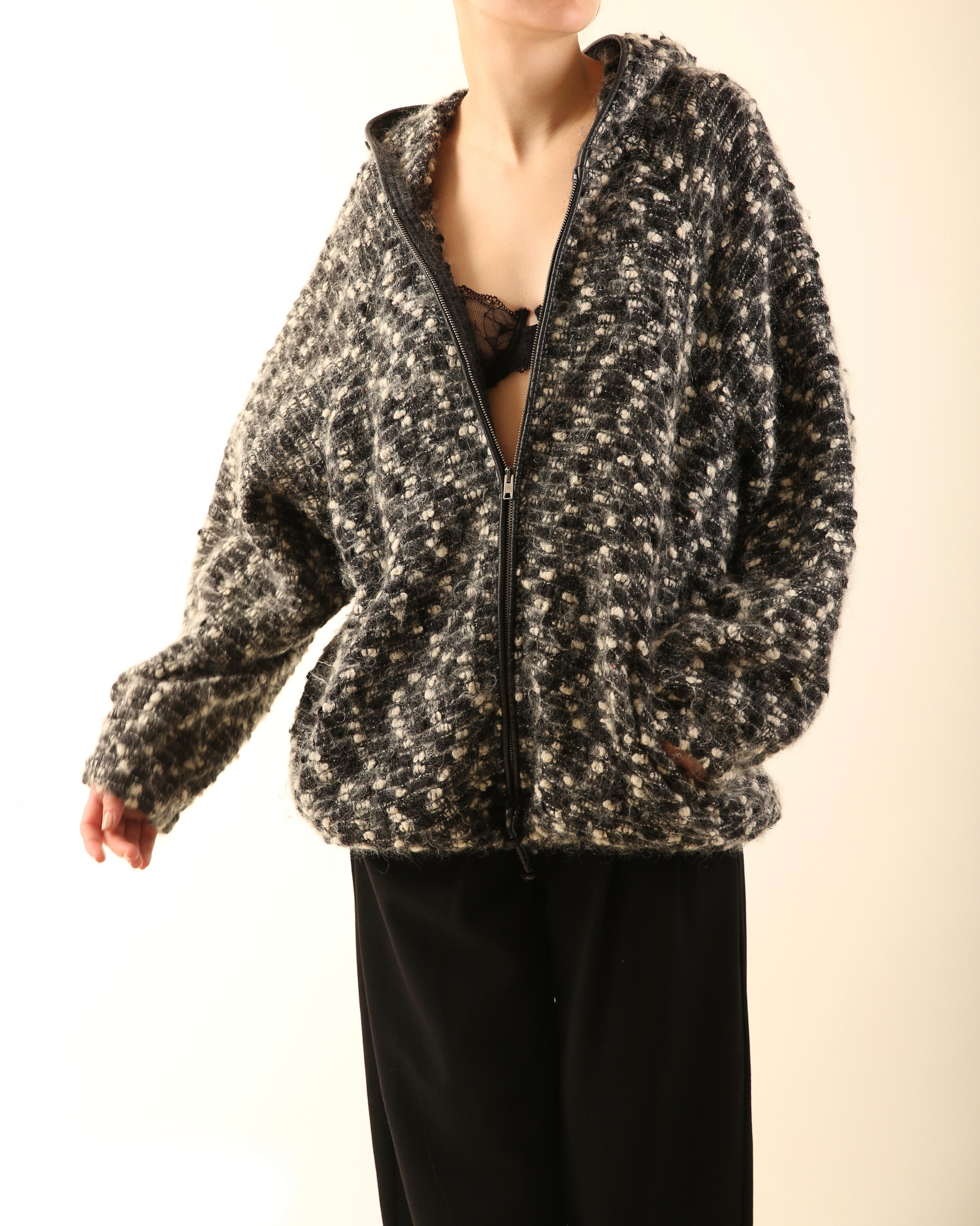 Women's Vintage leather trim black white wool mohair oversized hoodie jacket