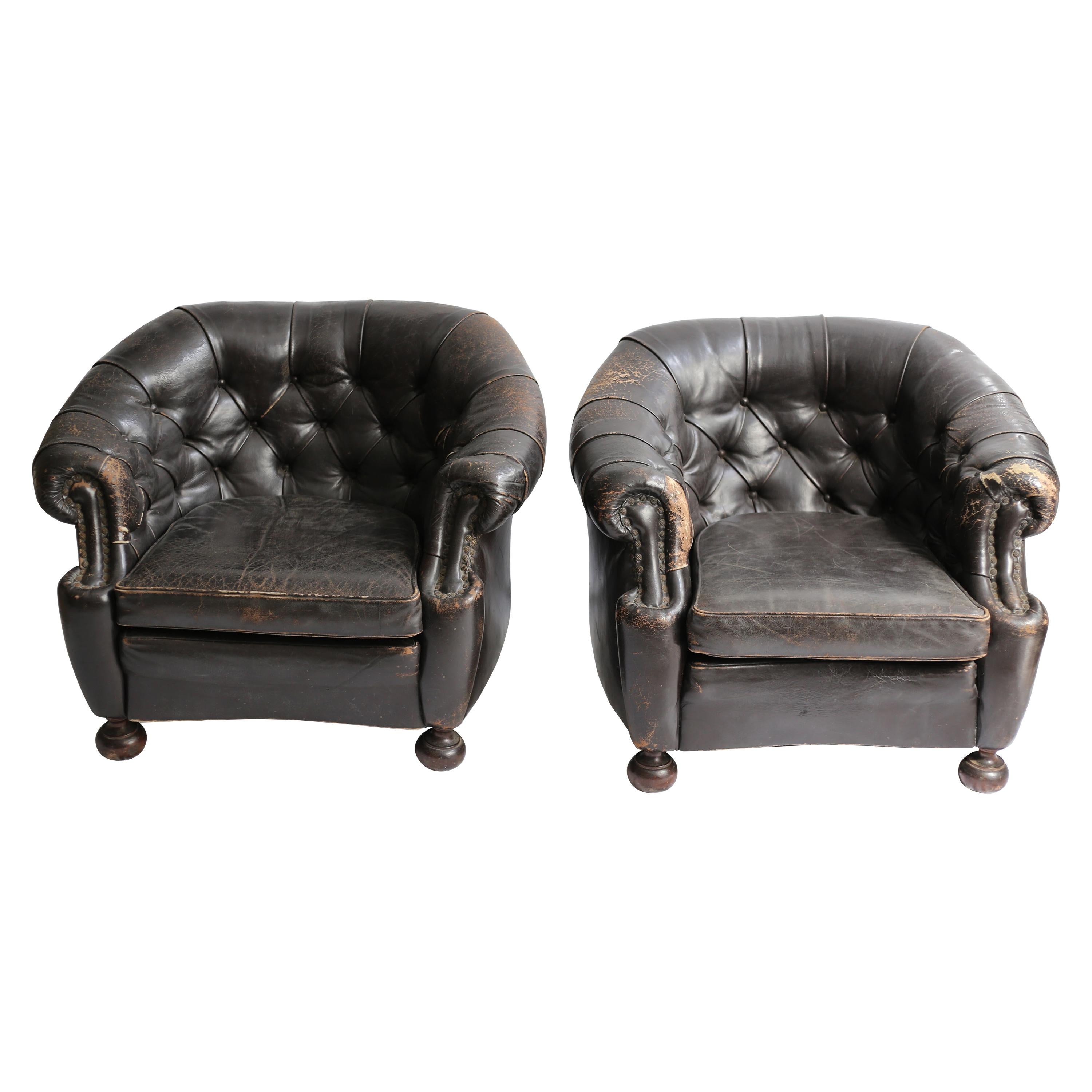 Vintage Pair of Leather Chesterfield Club Chairs For Sale