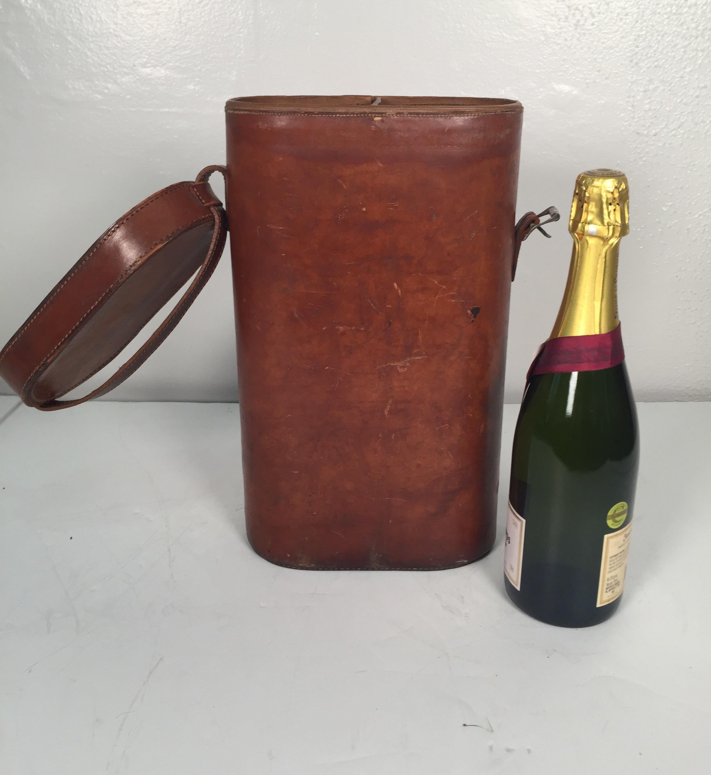 Vintage Leather Two Bottle Wine Carrier, circa 1940s-1950s 2